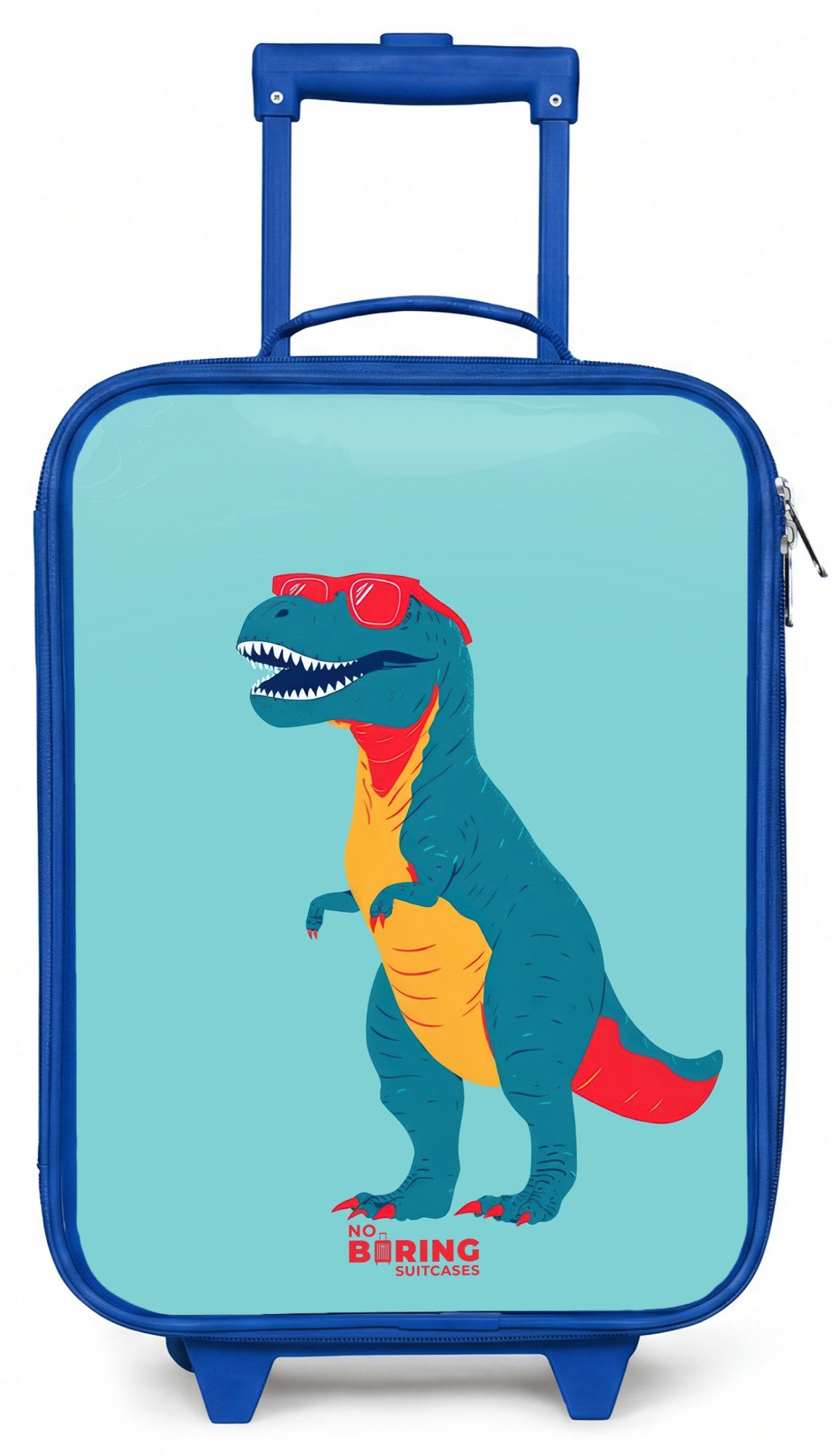NoBoringSuitcases.com© Kinderkoffer Blau - mit leuchtende Räder - Cooler T. rex mit Sonnenbrille, 2 Rollen, Handgepäck Koffer, Trolley Kinder, Reisekoffer Jungen