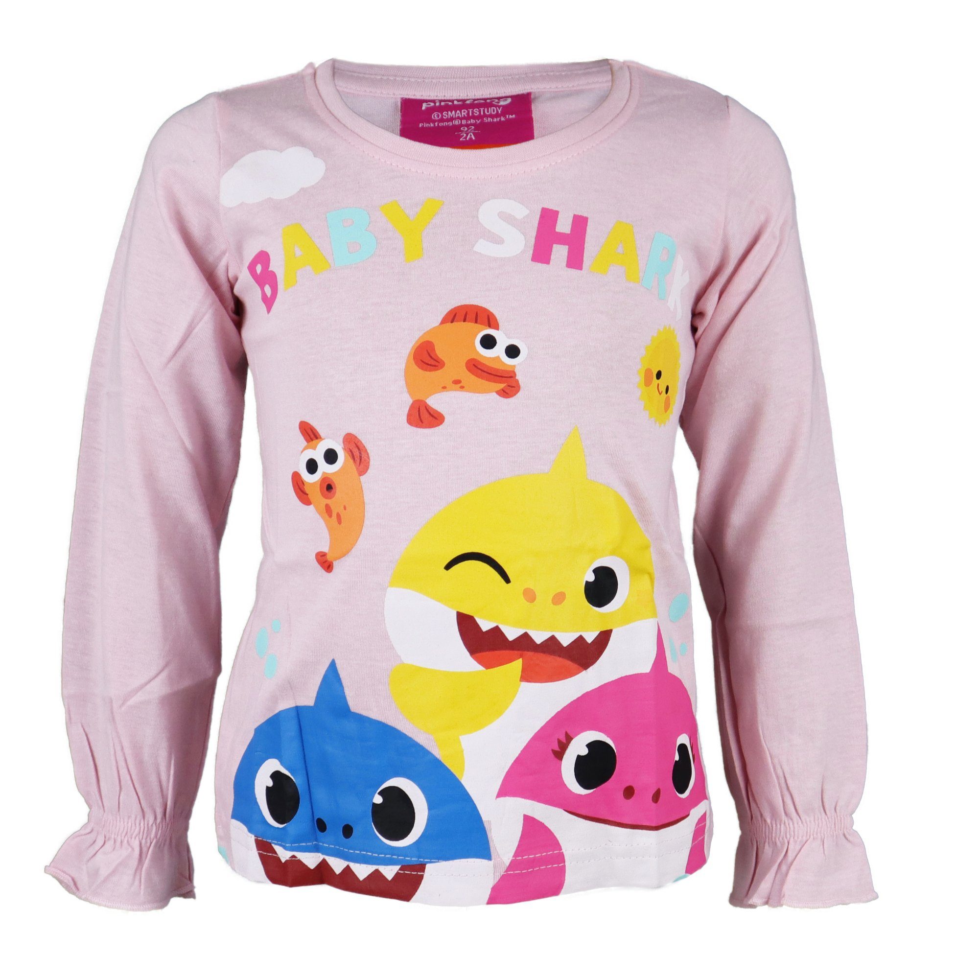 EplusM Langarmshirt Baby Shark Kinder Mädchen langarm Shirt Gr. 92 bis 116, Baumwolle, Blau oder Pink