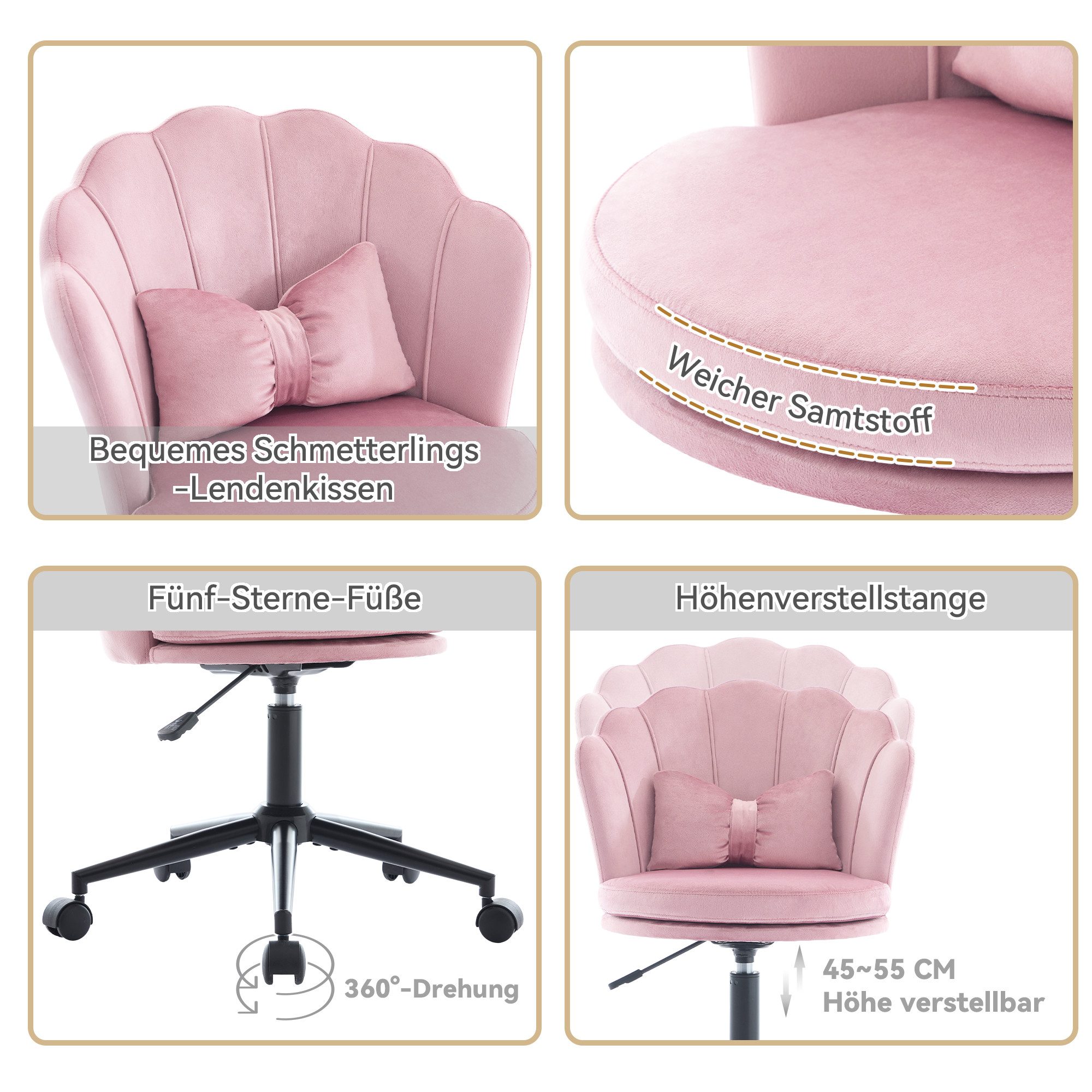 Flieks Drehstuhl mit Rollen Bürostuhl höhenverstellbar (mit schmetterlingsförmiges Lendenkissen und blütenblattförmige Rückenlehne, B55/T62/H73-63 cm), Schminktischstuhl Schreibtischstuhl Ankleidestuhl Samt