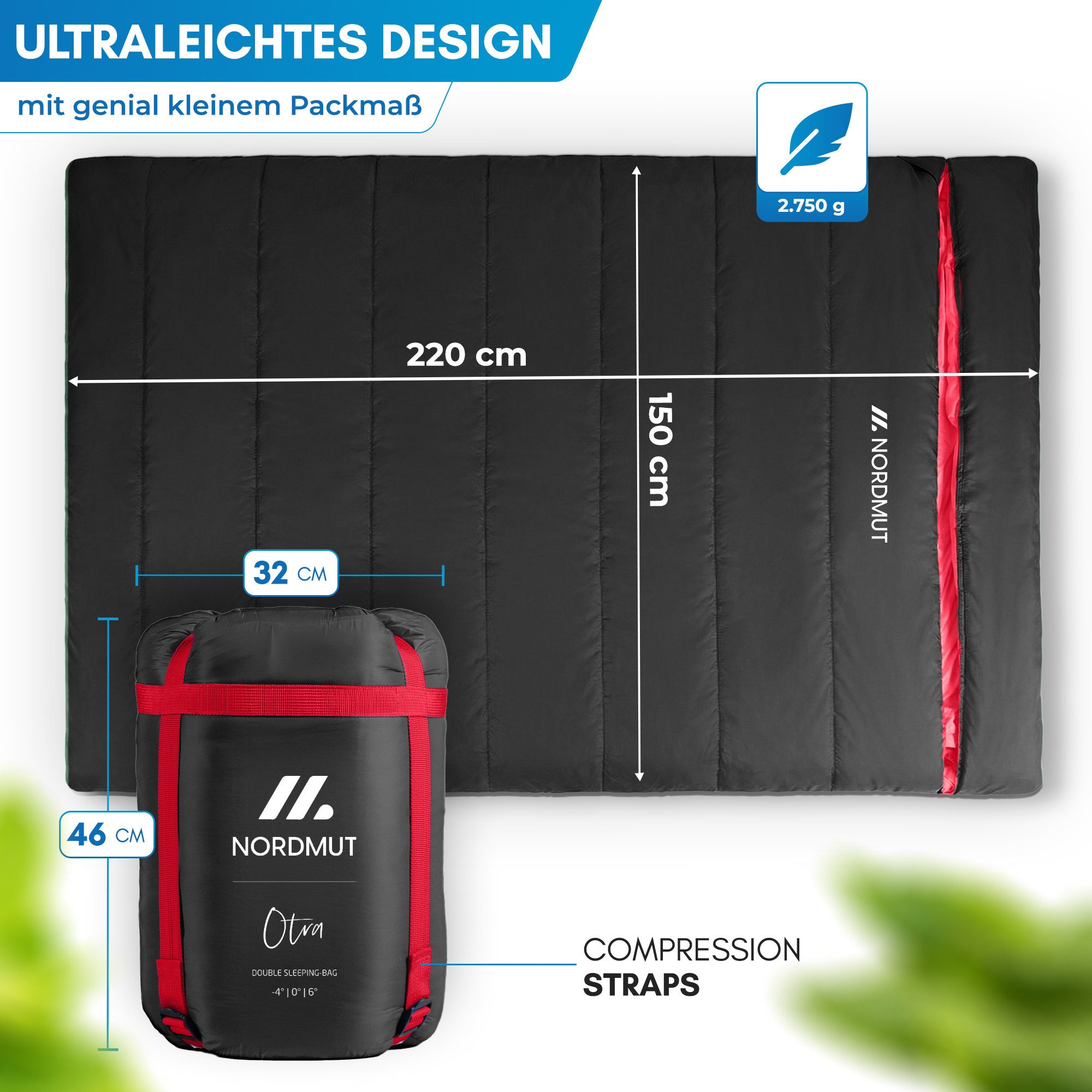 Nordmut Doppelschlafsack Deckenschlafsack XXL 2 Personen Camping Outdoor, warm, koppelbar (Spar-Set, 2 tlg., Nordmut Otra + Kompressionsbeutel), wasserabweisend – Bild 5 von 5