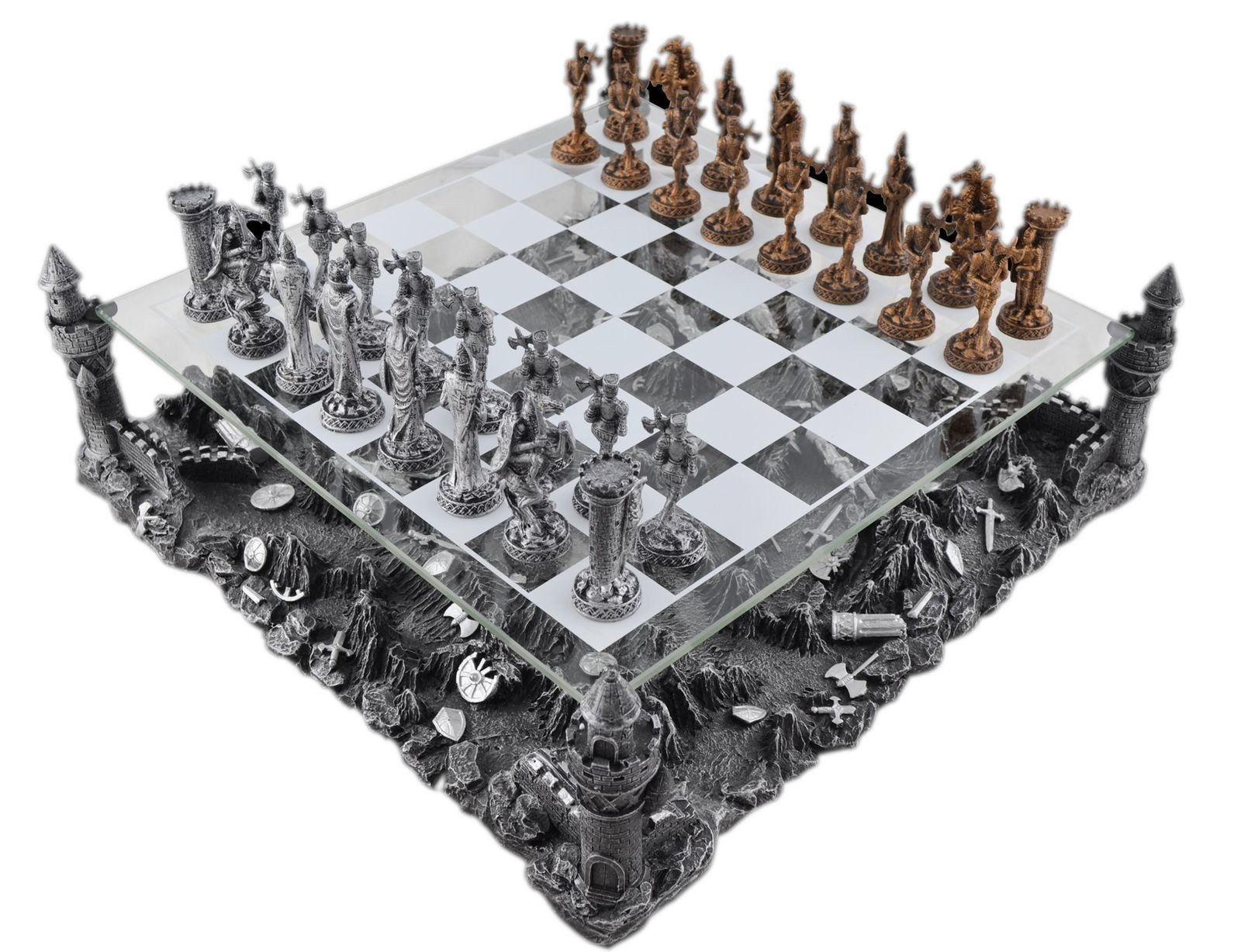 Vogler Dekofigur Hochwertiges Zinn Schachspiel Ritter 39 x 39 cm Edles Schachbrett