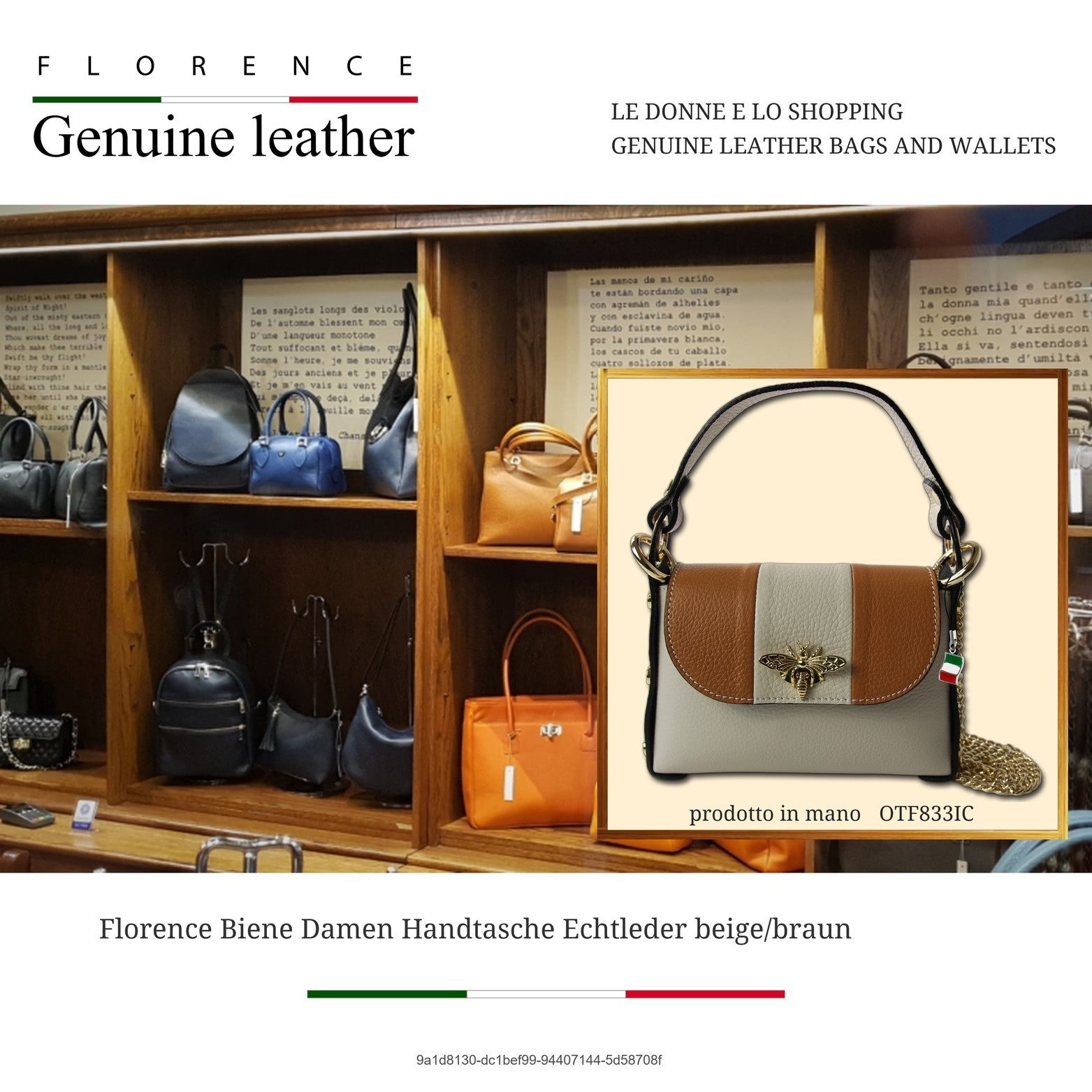 FLORENCE Umhängetasche Florence Biene Damen Handtasche (Umhängetasche, Umhängetasche), Damen Tasche Echtes Leder beige, braun, Made-In Italy