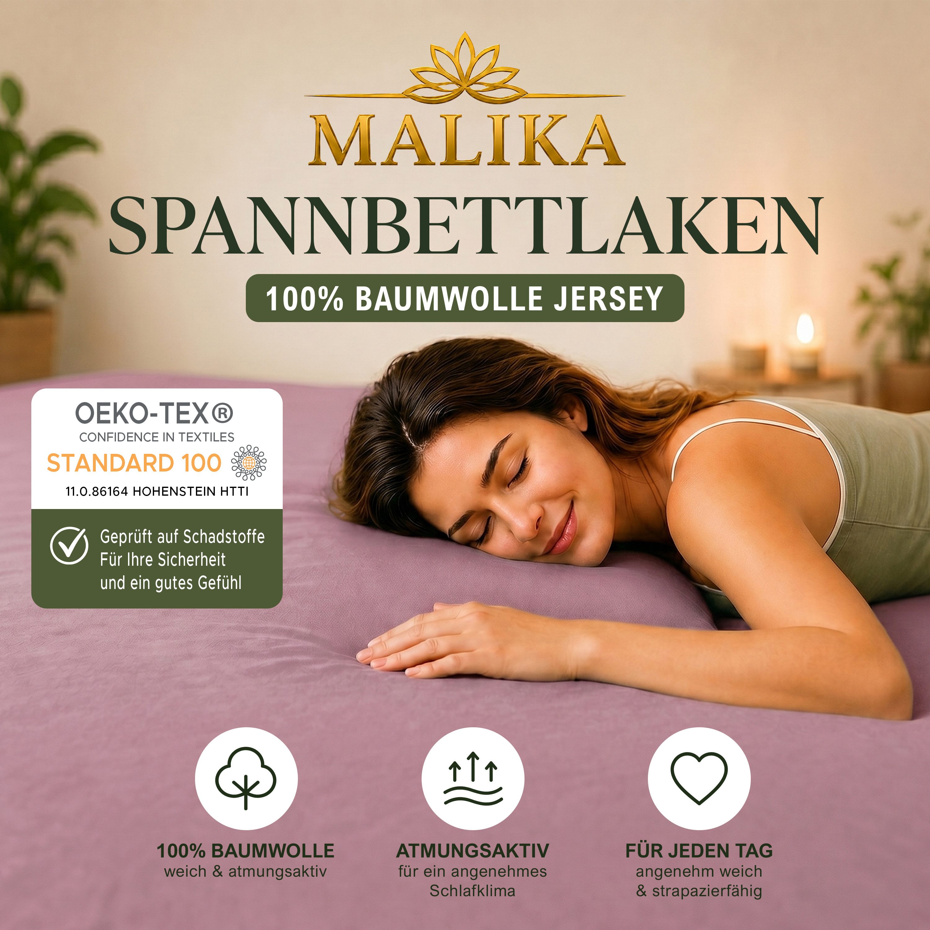 Malika Spannbettlaken Baumwolle weiches Ganzjahres-Spannbetttuch, Jersey Baumwolle, Gummizug: Ja, (1 Stück), Allergikergeeignet, Pflegeleicht und Atmungsaktiv – Bild 2 von 5