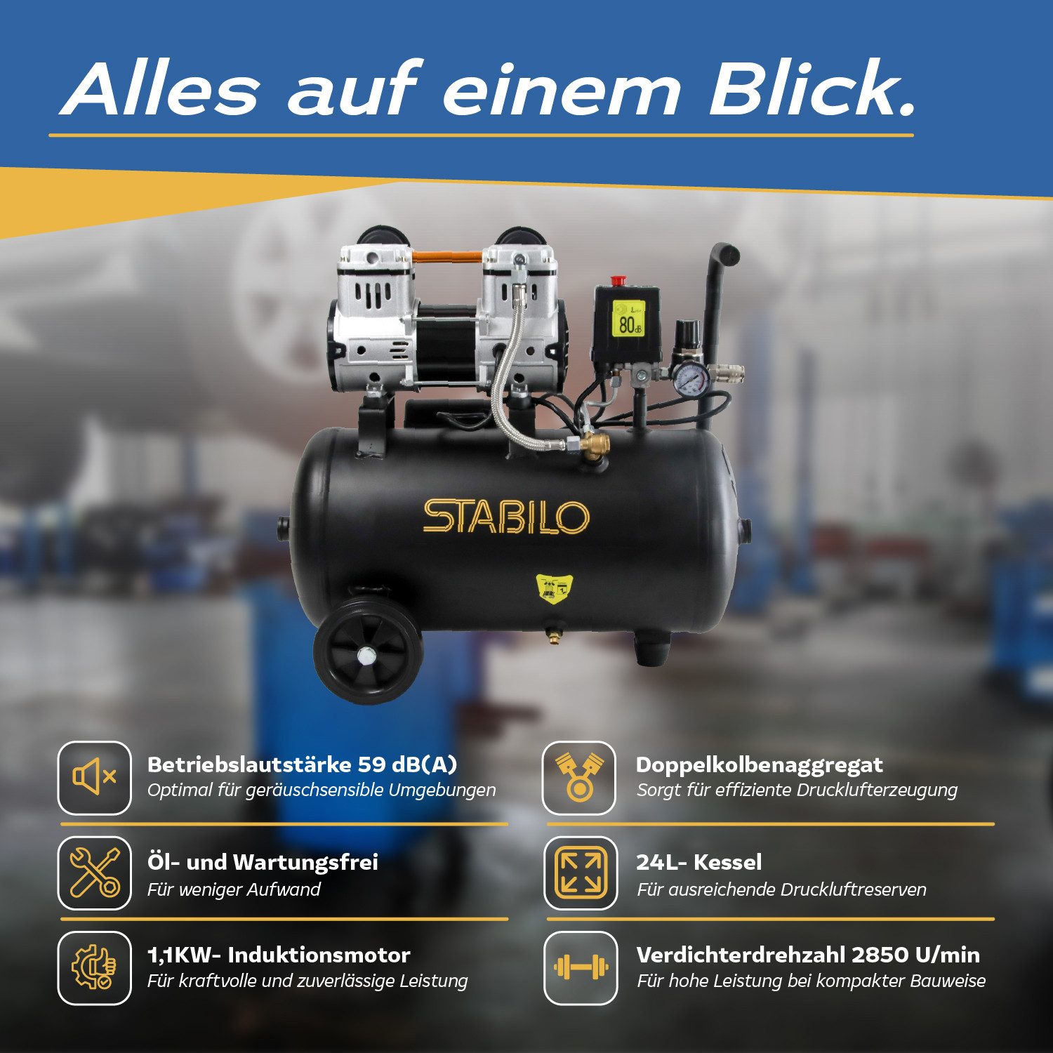 Stabilo Sanitär Kompressor Kompressor Silent 8 bar mit 24 l Kessel und 1,1 kW Schallgedämmt – Bild 3 von 5