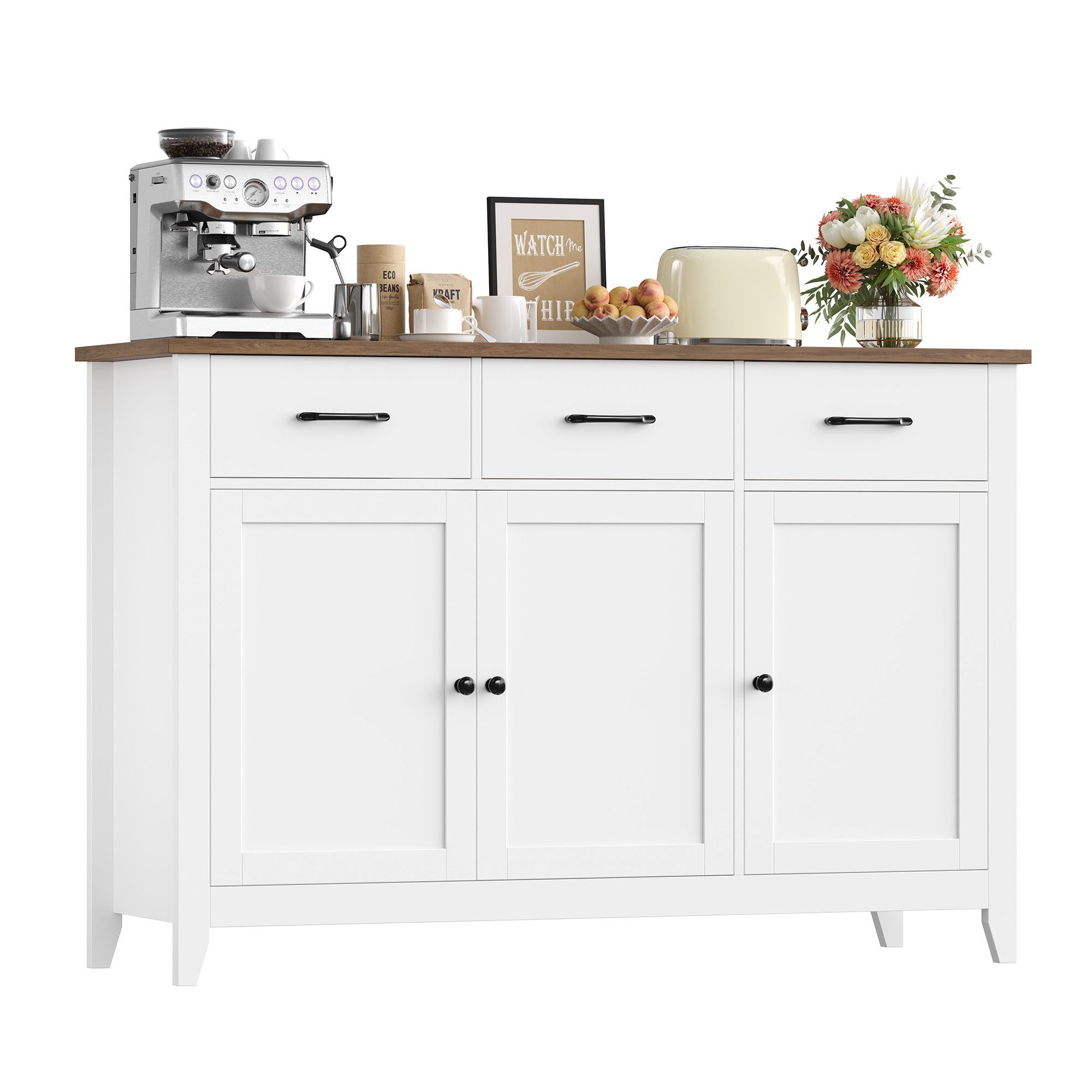 HOMECHO Sideboard, 120 cm Küchenschrank mit verstellbarem Regal, 3 Schubladen