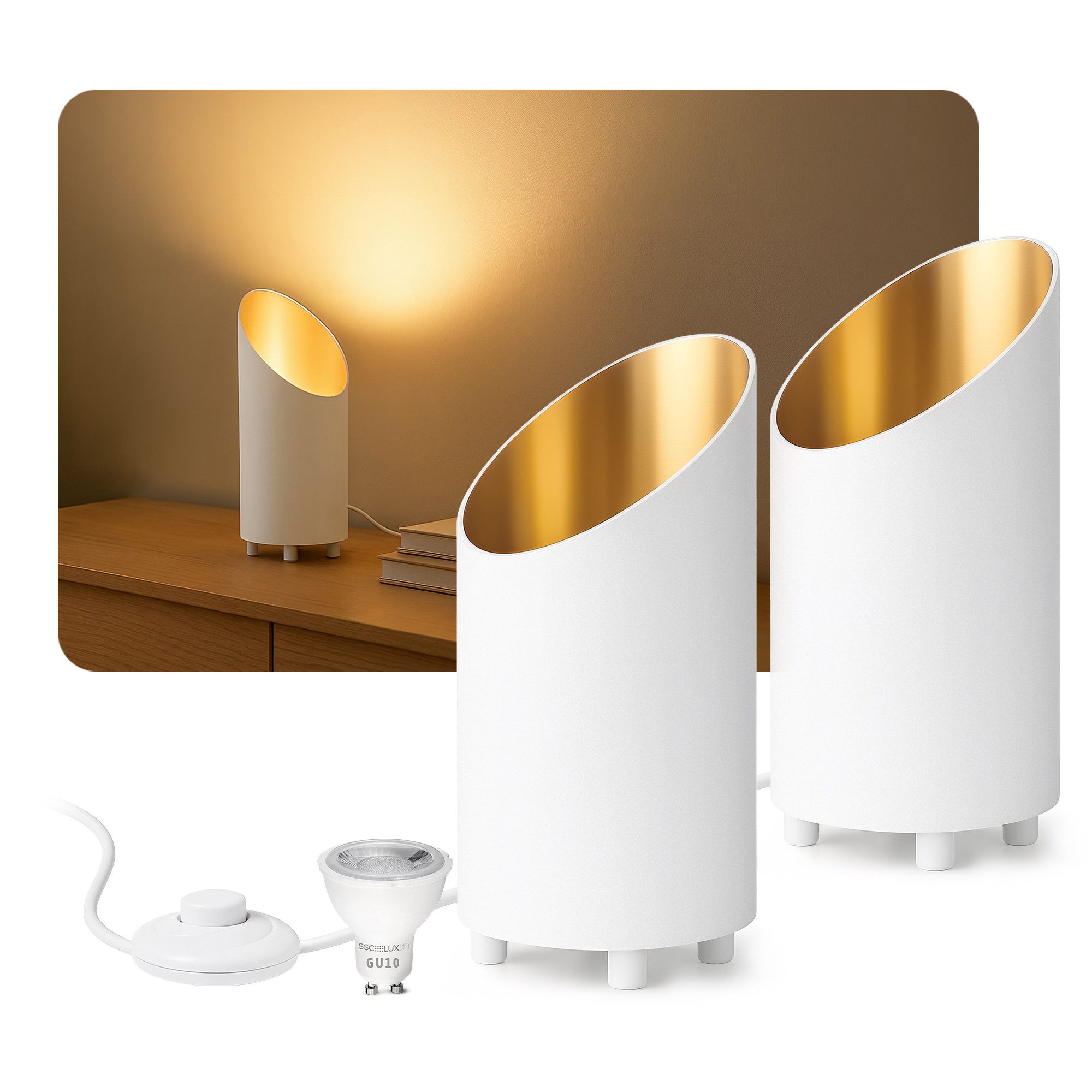 SSC-LUXon LED Spiegelleuchte Uplight Bodenlampe AUREVA Tischlampe mit LED fourSTEP GU10 4W warmweiß, Warmweiß