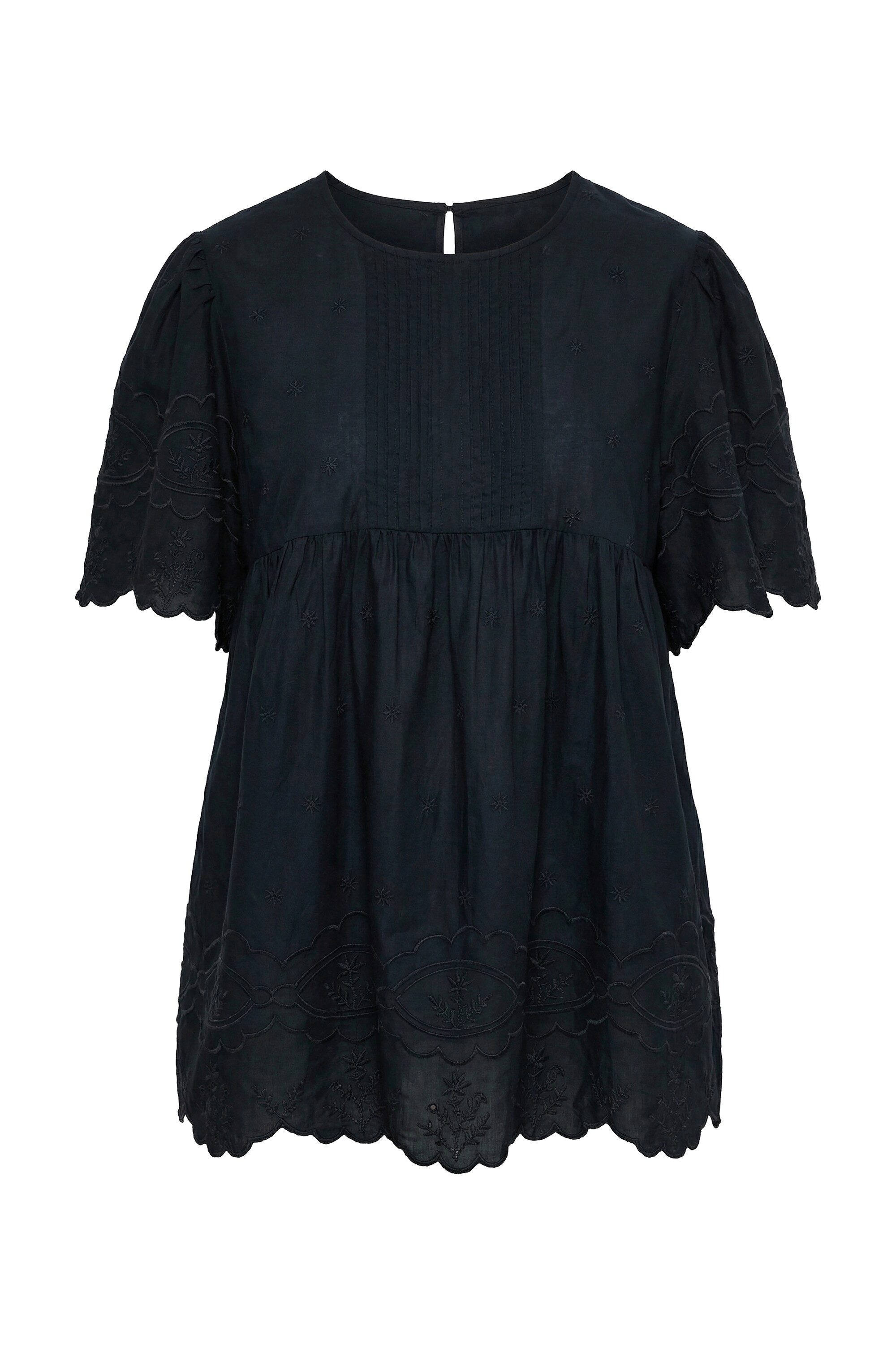 Ulla Popken Druckbluse Blusenshirt Stickerei Biesen A-Linie Rundhals