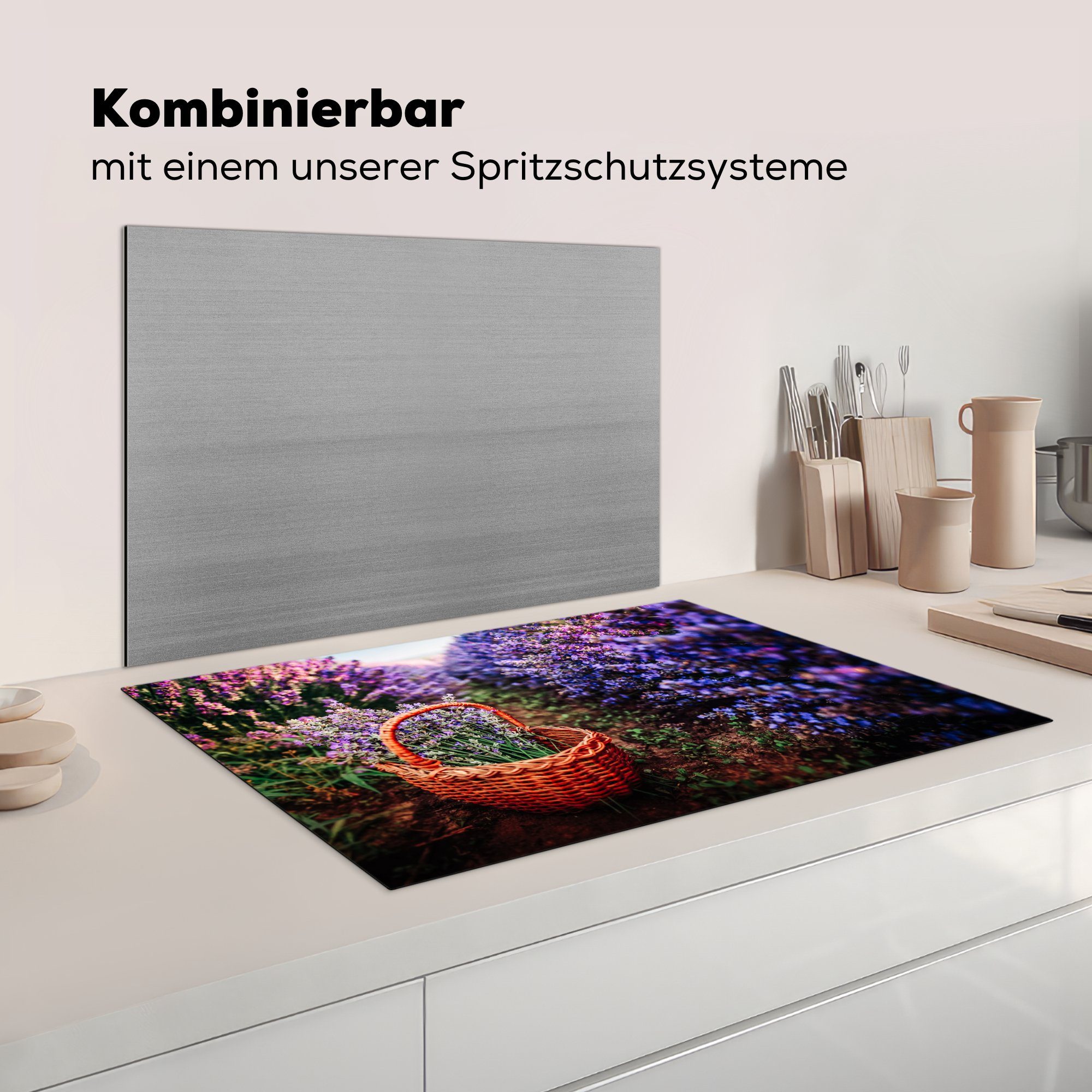 MuchoWow Herdblende-/Abdeckplatte cm, Schutz - - Ceranfeldabdeckung küche, Vinyl, (1 Lavendel für 81x52 Induktionskochfeld Außen tlg), Korb, die