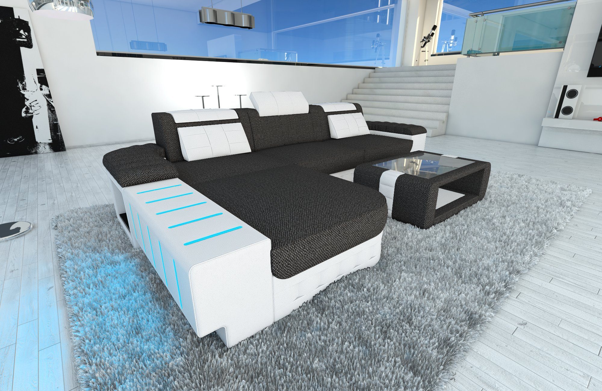 Sofa Dreams Ecksofa Stoff Sofa Bellagio L Form Polstersofa Couch Stoffsofa, mit LED, wahlweise mit Bettfunktion als Schlafsofa, Designersofa H12 Schwarz Grau-Weiss