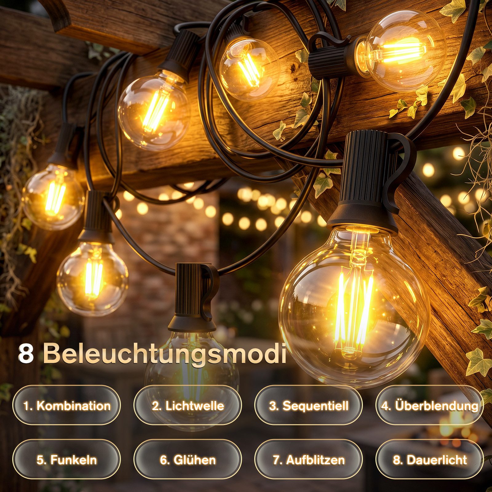 Salcar LED Solarleuchte Lichterkette Outdoor Solar 7-23M Gartenleuchten LED Lichterkette Außen, IP44 8 Modi 7,2m mit 10+1 G40 Glühbirnen Fernbedienung/Dimmbar/Timer