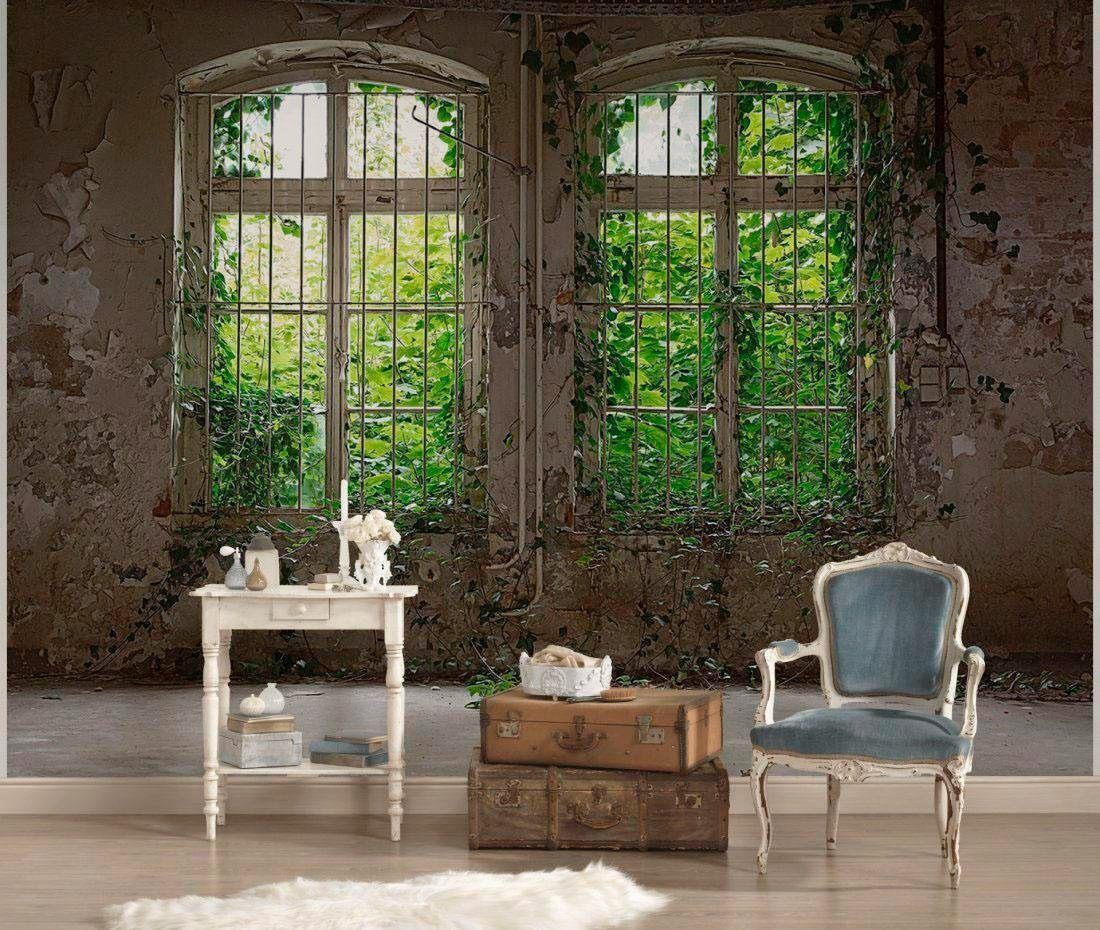 living walls Fototapete Old Windows Vlies, glatt, (1 St), Fototapete Fenster mit Pflanzen Beige Grau Grün 3,50 m x 2,55 m