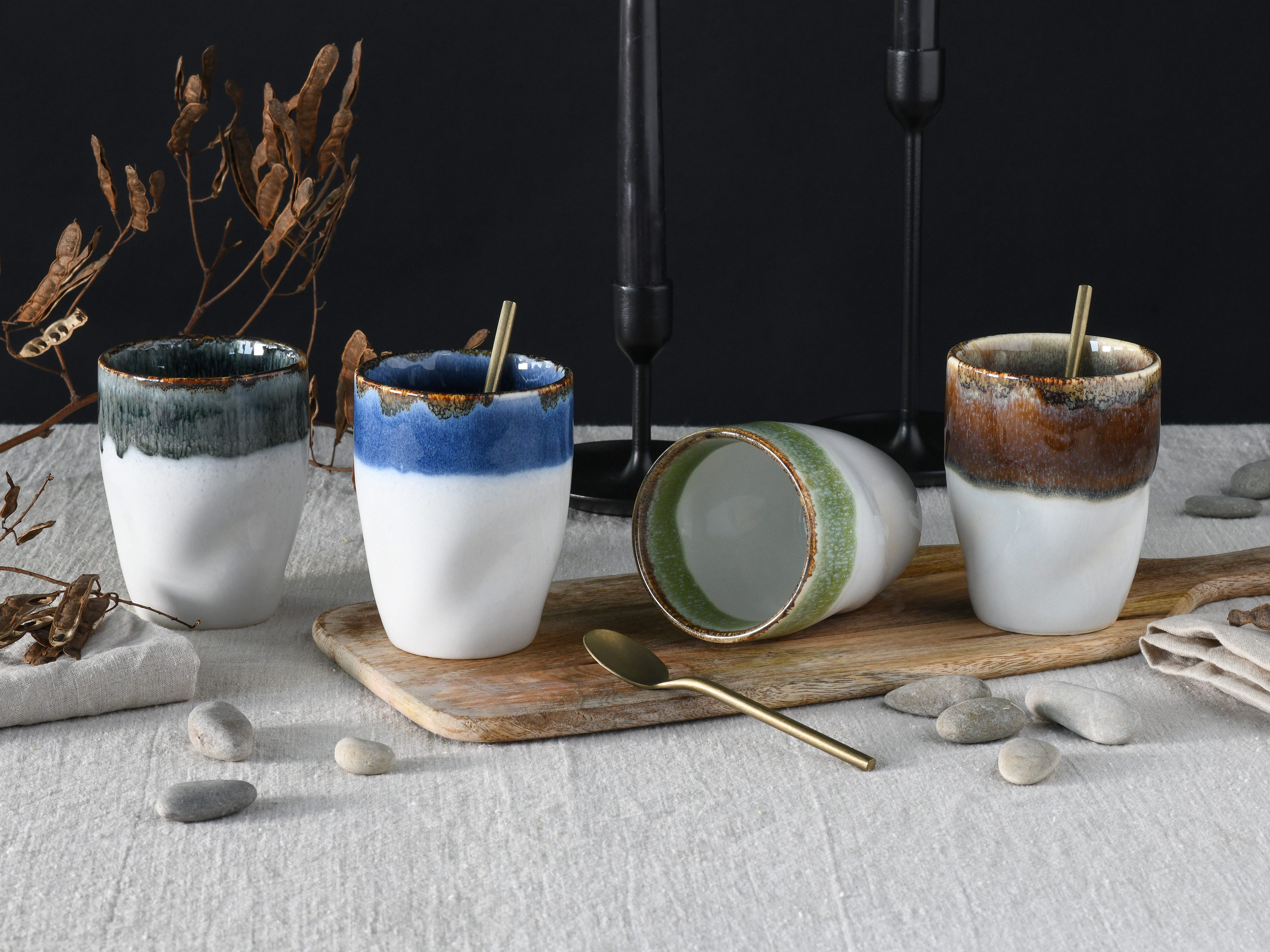 CreaTable Becher Squeezy Cascade, Kaffeebecher 4-tlg, 4-tlg., Steinzeug, Einzigartige Optik, Reaktivglasur