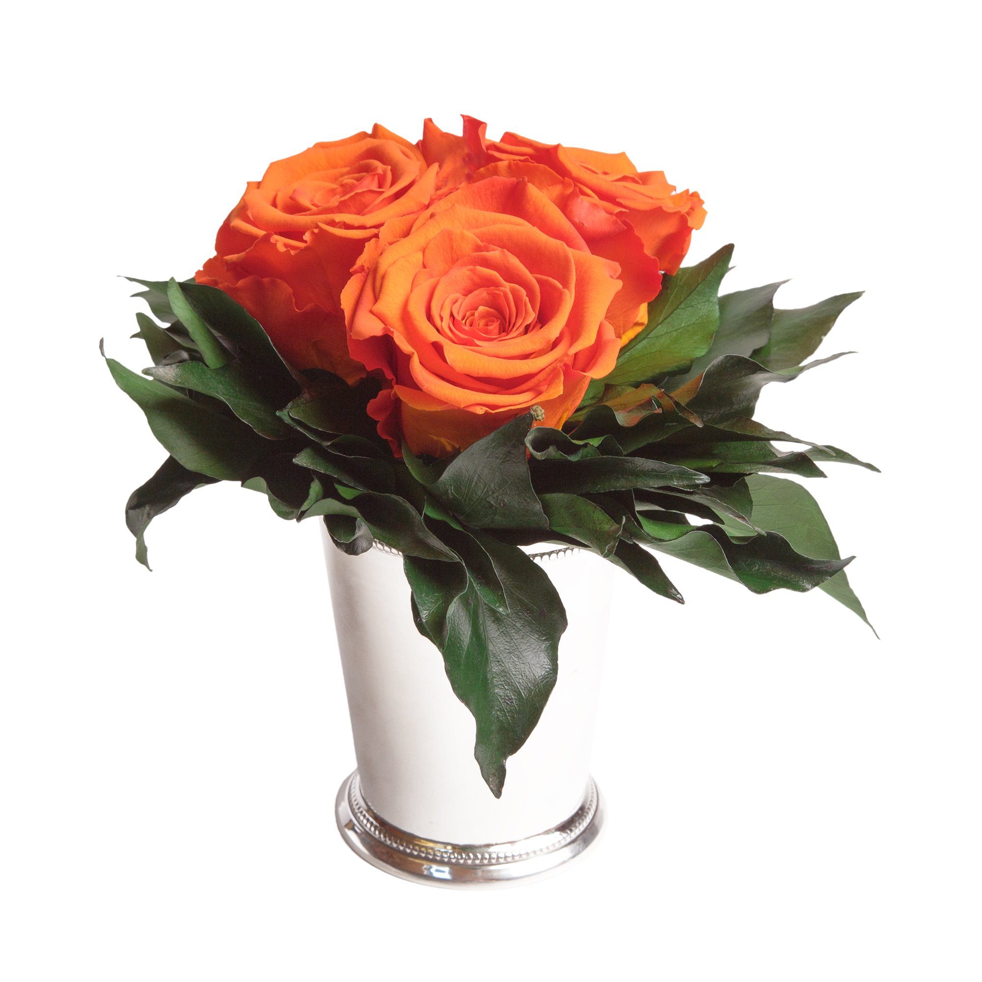 Vase Infinity cm, silberfarbene 3 Höhe Rose Wohnzimmer Rose, Orange bis 15 Heidelberg, haltbar SCHULZ Rosen Deko zu 3 ROSEMARIE Kunstorchidee Jahre Blumenstrauß