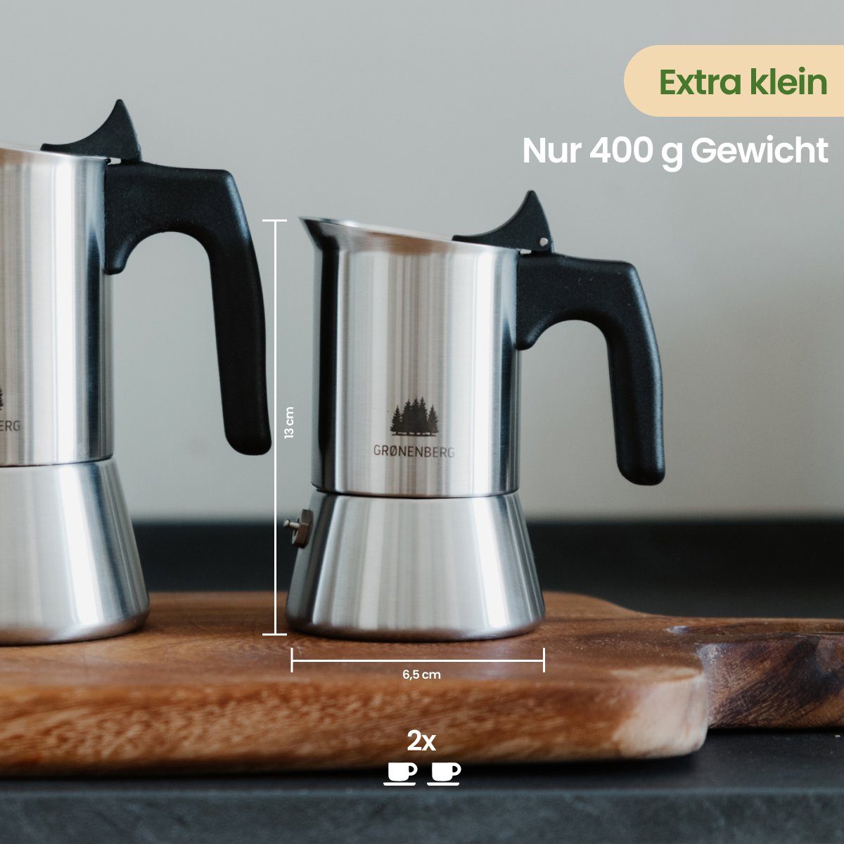 GRØNENBERG Espressokocher Edelstahl Espressokanne 1-2 Tassen, 0.1l  Kaffeekanne, Inkl. Ersatz-Dichtung, Unbeschichtet & frei von Aluminium