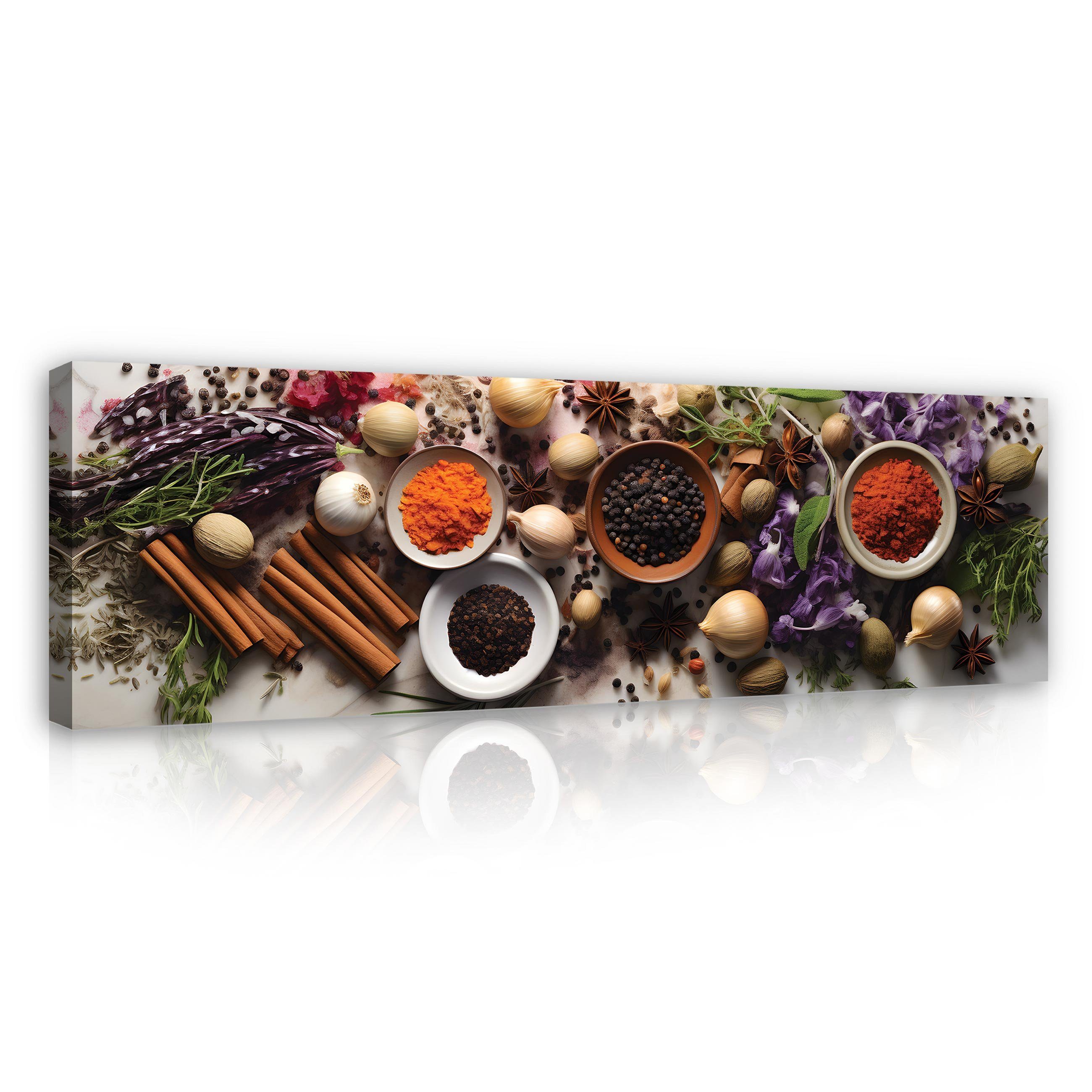 Wallarena Leinwandbild Küche Gewürze Kräuter Esszimmer Wandbild XXL Leinwandbilder Modern, Gewürze (Einteilig, 1 St), Leinwandbild Leinwand Bilder Bild Groß Aufhängefertig