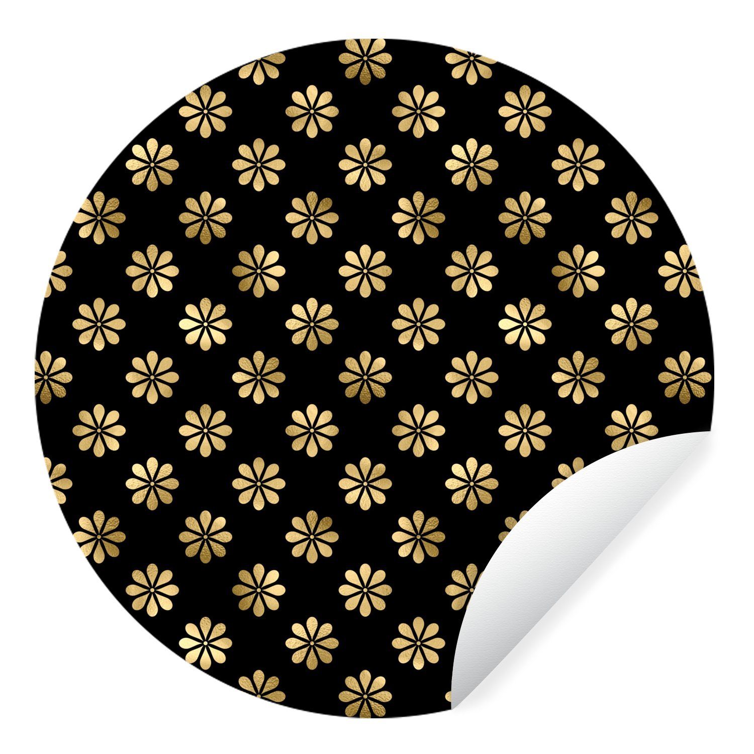 MuchoWow Wandsticker Muster - Blumen - Gold (1 St), Tapetenkreis für Kinderzimmer, Tapetenaufkleber, Rund, Wohnzimmer