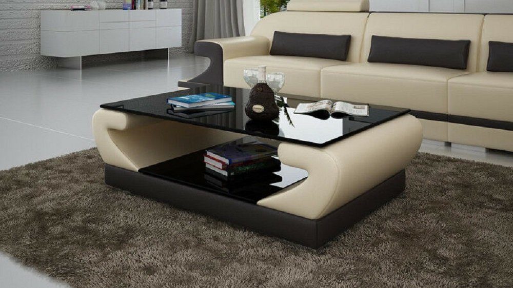 JVmoebel Couchtisch Tische Couchtisch Leder Glastisch Design Tisch Beistell Couch Farbe Beige/Braun