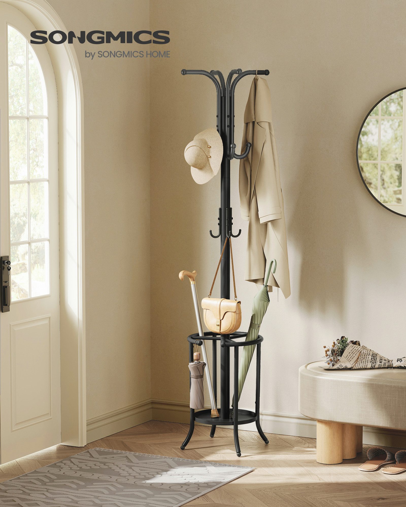SONGMICS Garderobenständer Kleiderständer, mit Regenschirmständer, 12 Haken, Metall, 175,5 cm hoch