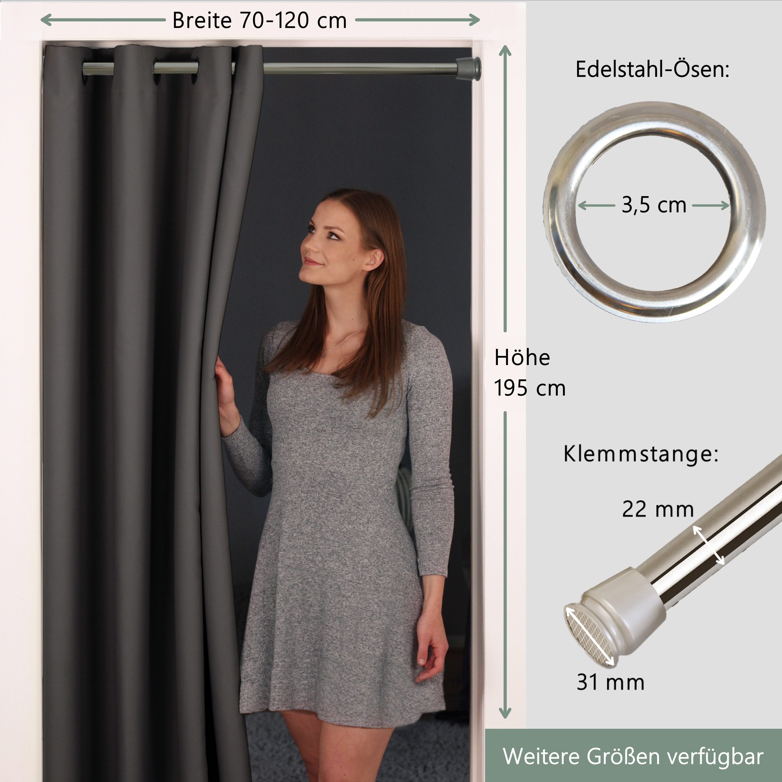 tinycurtains Türvorhang mit Stange silber 70-120 cm Thermo Vorhang ohne Bohren, mit Magneten, Ösen, abdunkelnd, Polyester, blickdicht, Anthrazit Nebula, Türgardine mit Klemmstange verdunkelnd