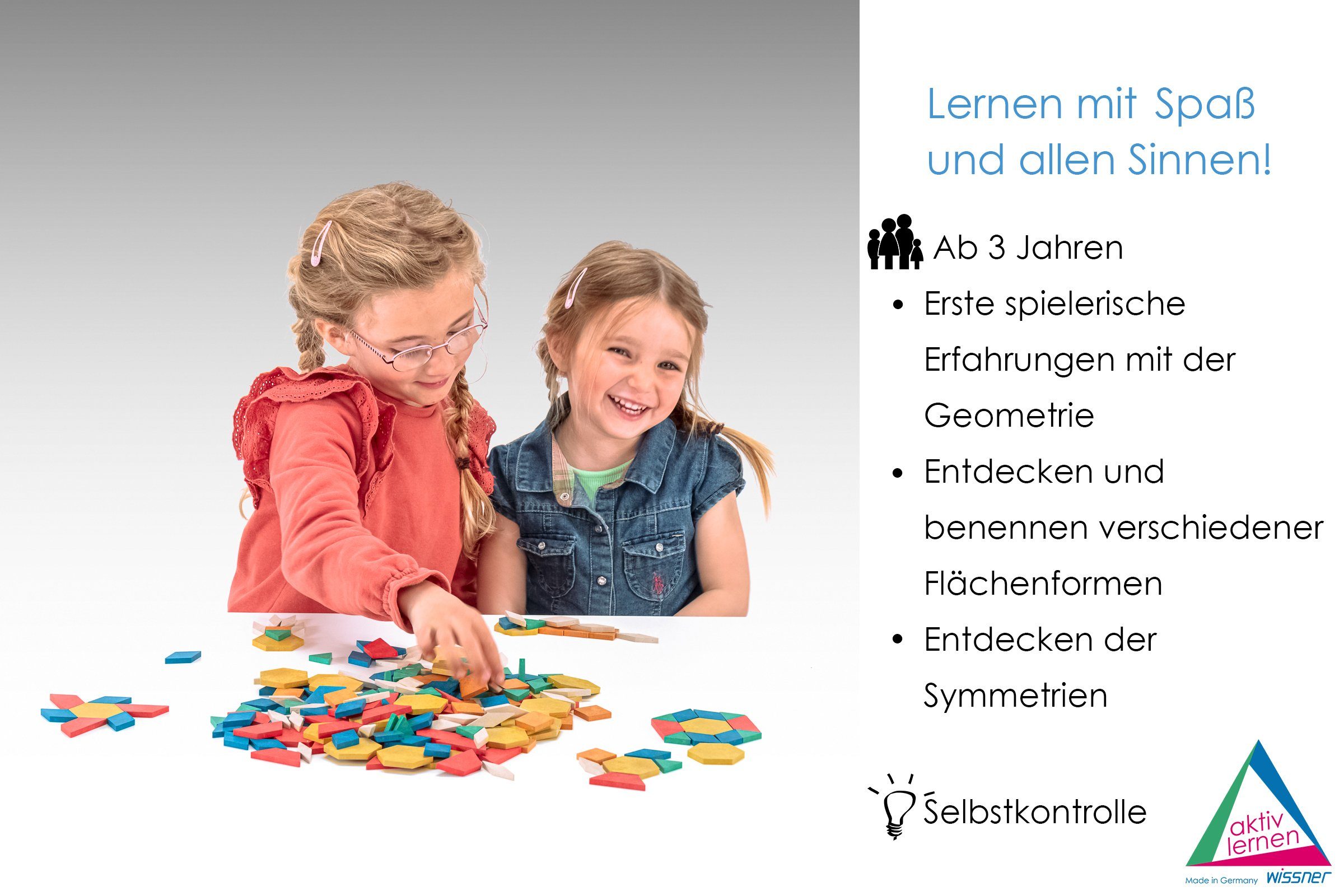 Wissner® aktiv lernen Lernspielzeug Geometrische Legeplättchen Pattern Blocks (250 Teile),  RE-Wood®, RE-Plastic®