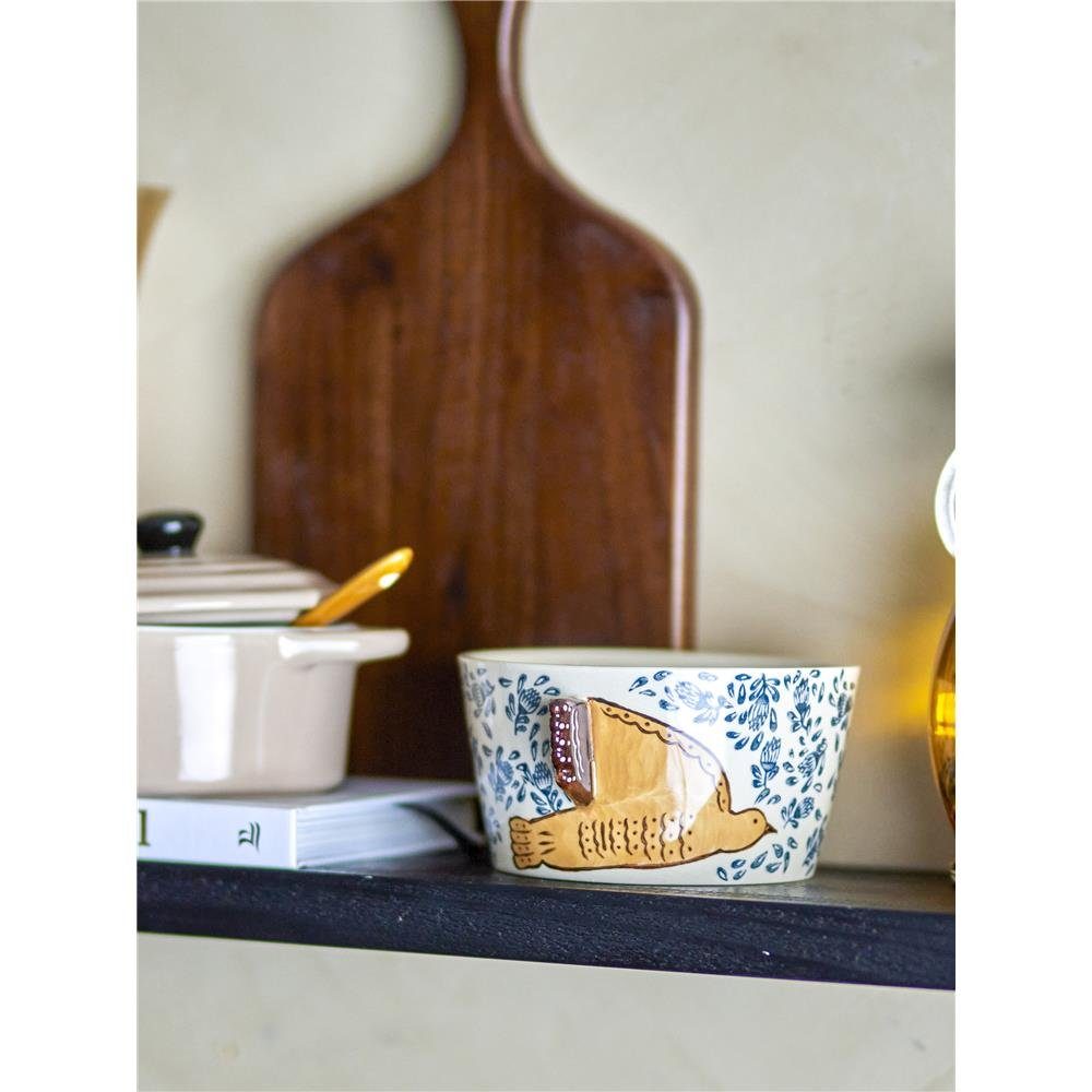 Bloomingville Schüssel Hezha, Steingut, in Natur/Blau, 460ml, mit Vogelmotiv