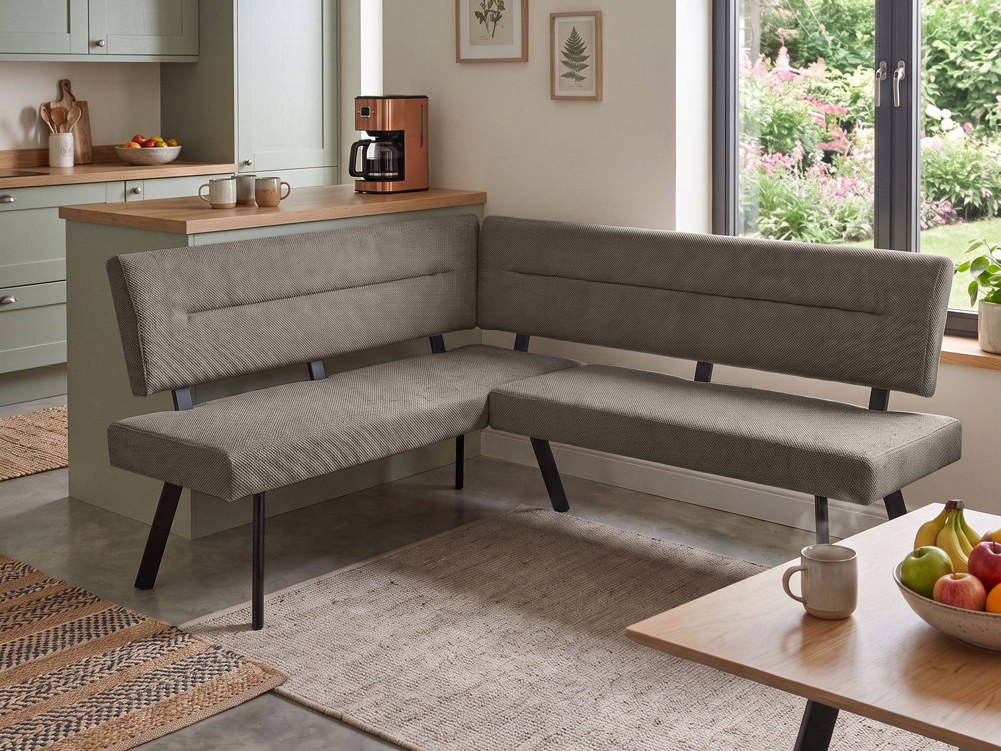 Beautysofa Eckbank ZERRA moderne Küchen-Eckbank und Esszimmerbank mit Stoff Curio (192 × 153 cm, hohe Rückenlehne), schwarzen pulverbeschichteten Metallbeinen