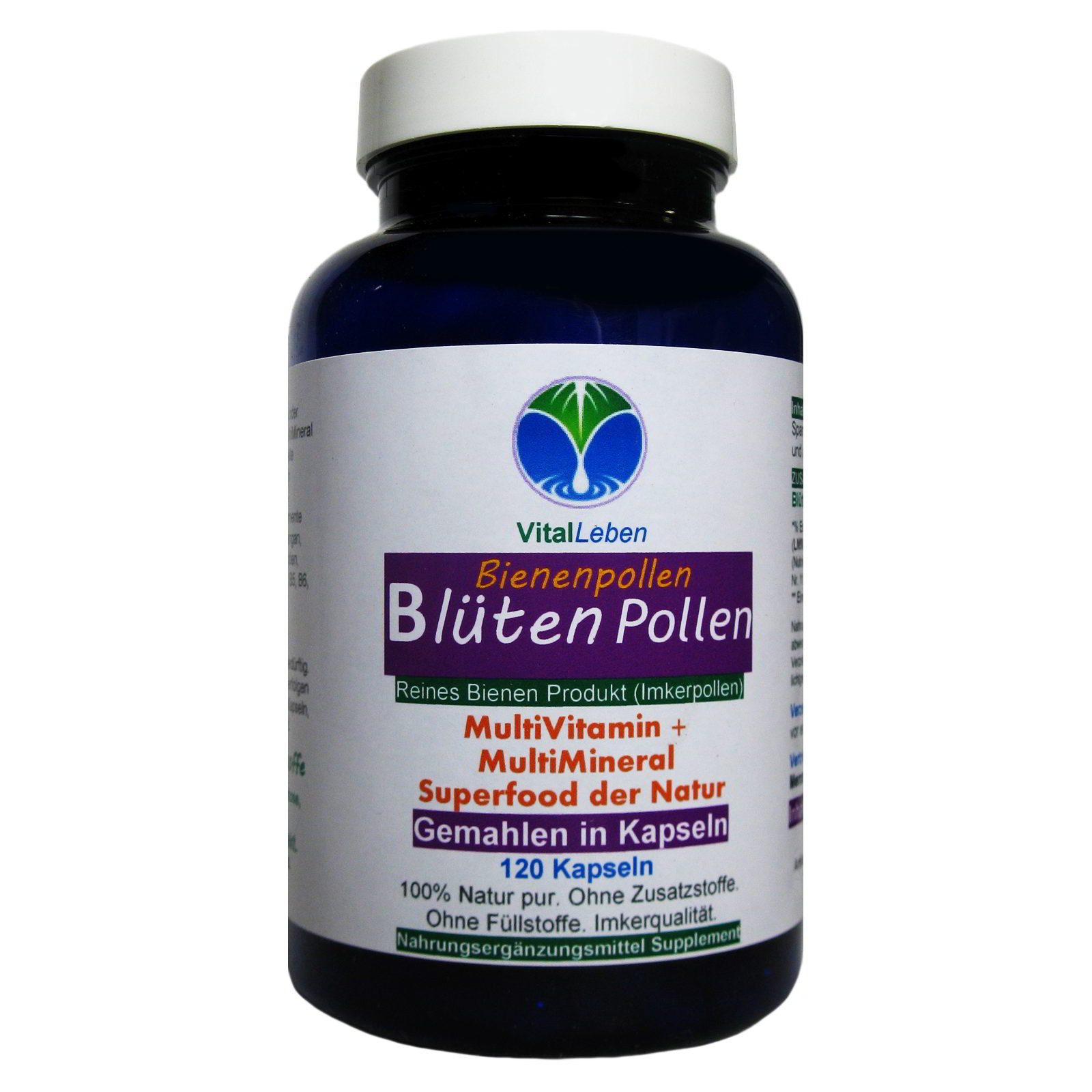 VitalLeben Blütenpollen Bienenpollen kalt vermahlen ohne Zusatzstoffe Kapseln, 1 er Dose à 120 St., 62,4 g, Art. 27000-120