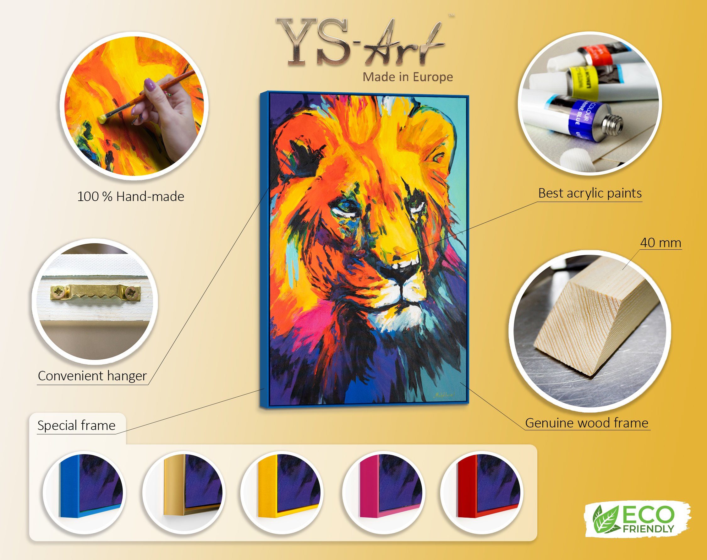YS-Art Gemälde Löwengrazie, Gelb in Abstraktion Mit Rahmen