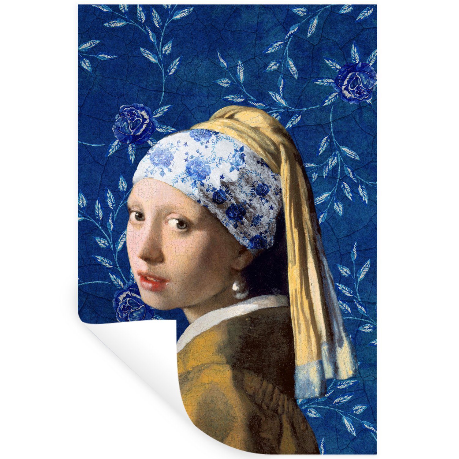 MuchoWow Wandsticker Mädchen mit Perlenohrring - Delfter Blau - Vermeer - Blumen - Kunstdru (1 St), Wandaufkleber, Selbstklebend, Wohnzimmer, 20x30 cm