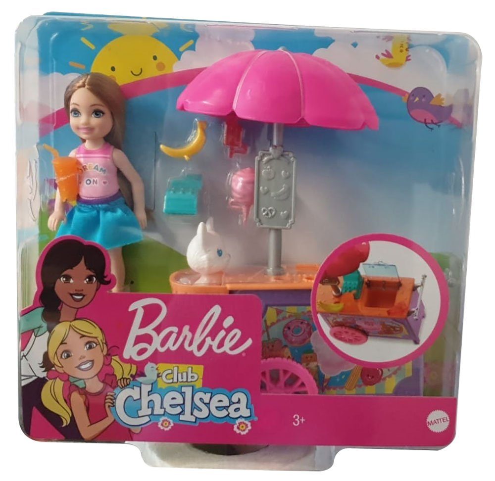 Barbie Spielwelt Mattel Barbie GHV76 Club Chelsea Imbisswagen Spiel, (Packung, 8-tlg., Ein Chelsea-Puppe, ein Imbisswagen mit Sonnenschirm und Korb, ein Kätzchen, eine Kasse, einen Trinkbecher und drei farbenfrohe Leckereien), mit 1 Figur und Zubehör