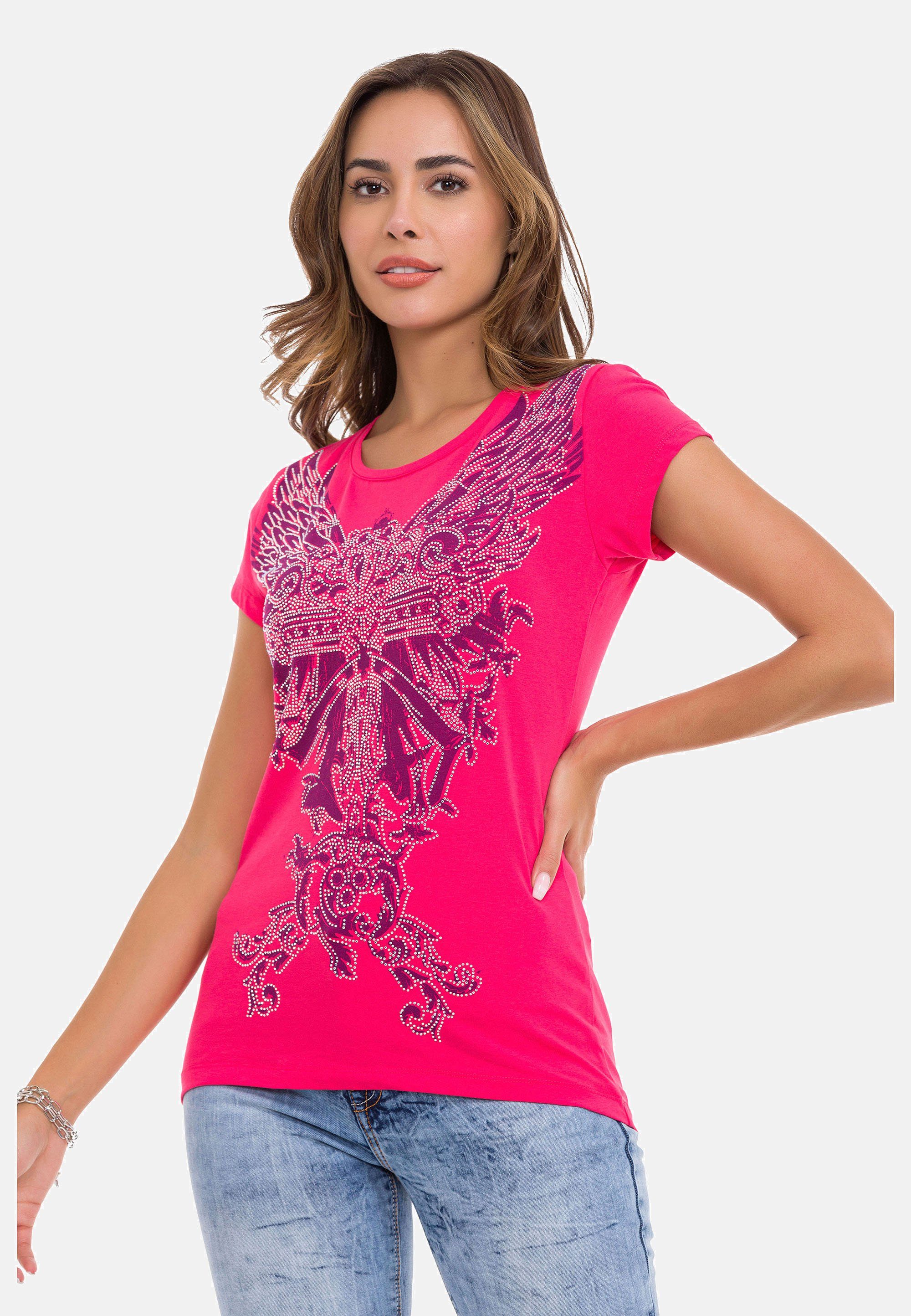 Cipo & Baxx fuchsia modischem mit Frontprint T-Shirt