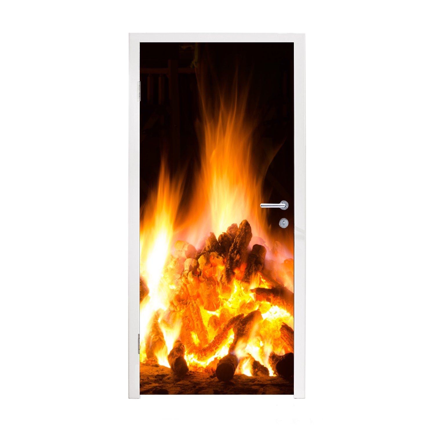 MuchoWow Türtapete Kamin vor schwarzem Hintergrund, Matt, bedruckt, (1 St), Selbstklebende Tapete, Folie für Möbel, 75x205 cm