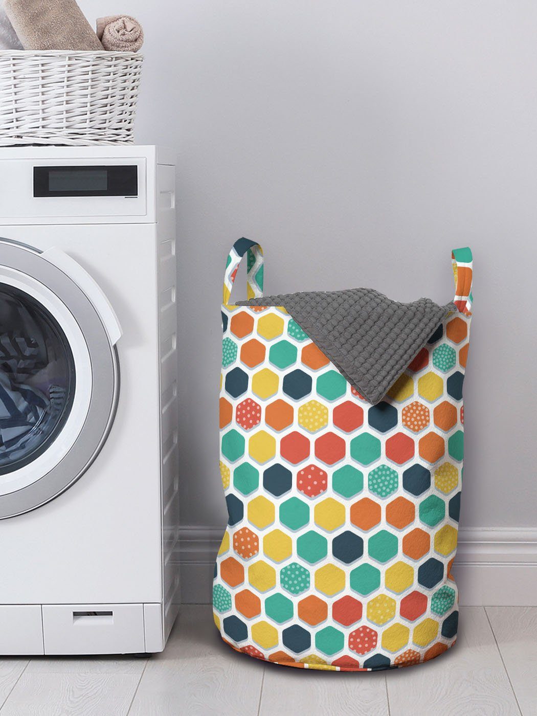 Wäschekorb Abakuhaus mit für Griffen Punkten mit Bunt Retro Kordelzugverschluss Waschsalons, Wäschesäckchen Hexagons