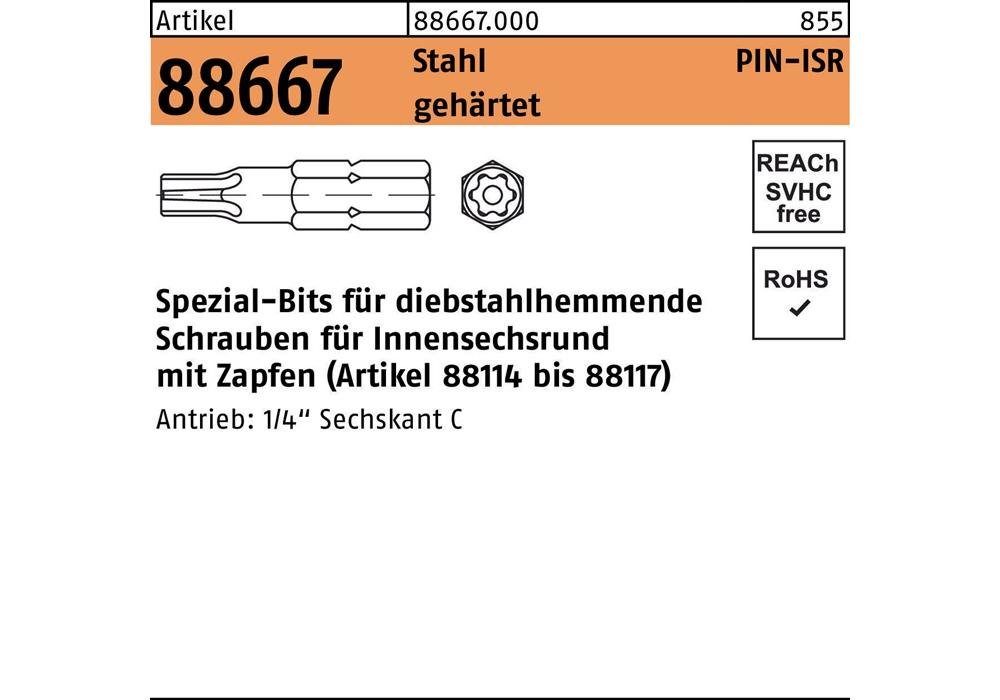 Bit-Set Bit Innensechsrund R 88667 T gehärtet m.Zapfen Stahl 45