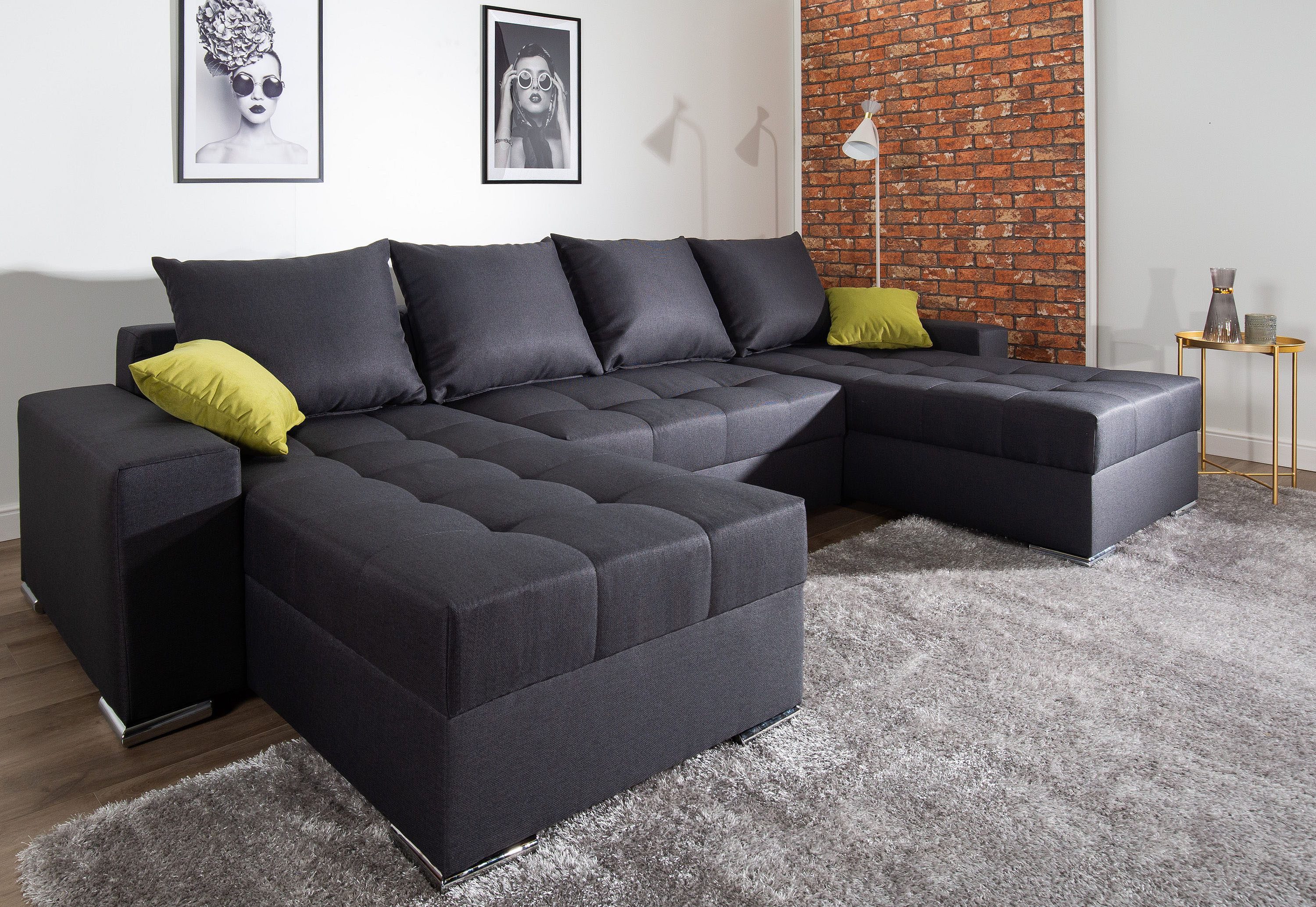 COLLECTION AB Wohnlandschaft Josy XL U-Form, B: 313 cm in Flachgewebe, Struktur, Kunstleder, mit Bettfunktion, Bettkasten & 2 Zierkissen, Federkern