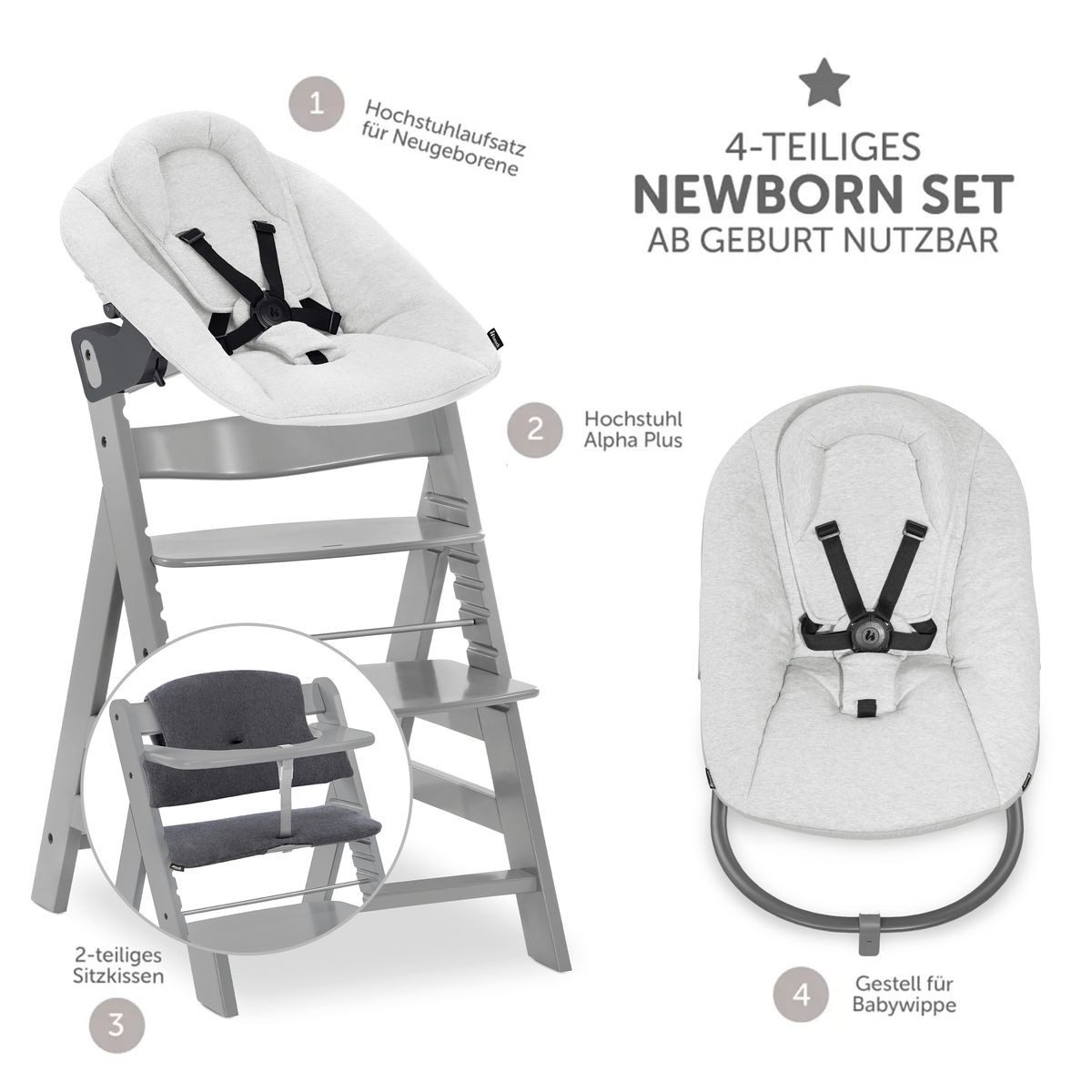 Hauck Hochstuhl Alpha Plus Newborn Set - Grey, Holz Babyhochstuhl ab Geburt inkl. Neugeborenen Aufsatz & Sitzpolster