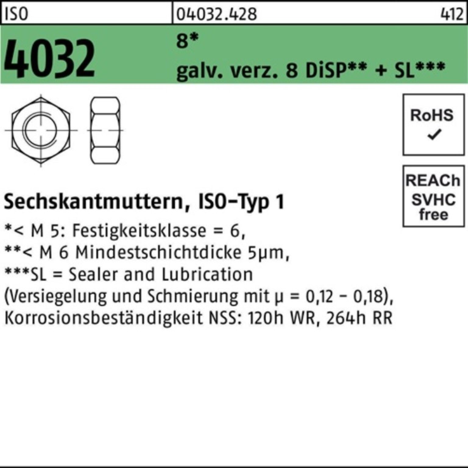 Bufab Muttern 100er Pack 25 St 8 DiSP 8 + Sechskantmutter ISO 4032 SL galv.verz. M30