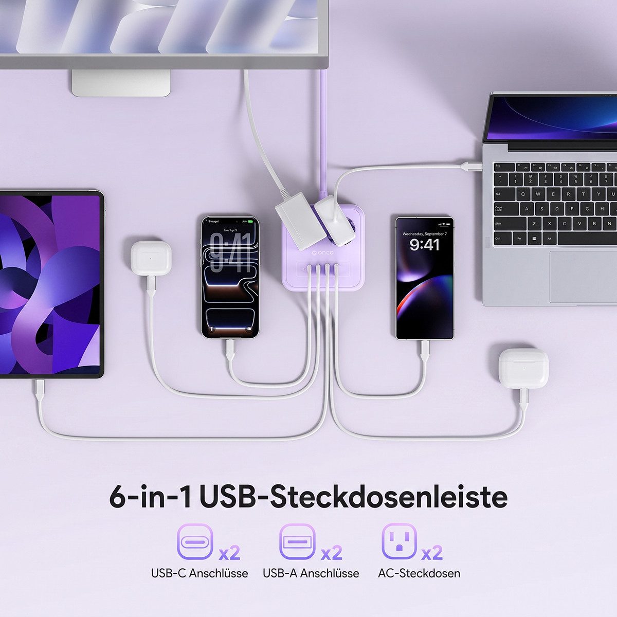 ORICO Steckdose 6-in-1 Mehrfachsteckdose mit USB-C PD 20W, 3 m Kabel, 1-St., 2 Steckdosen & 4 USB (2× USB-C), Kompakt-Powercube für Büro & Zuhause – Bild 2 von 5