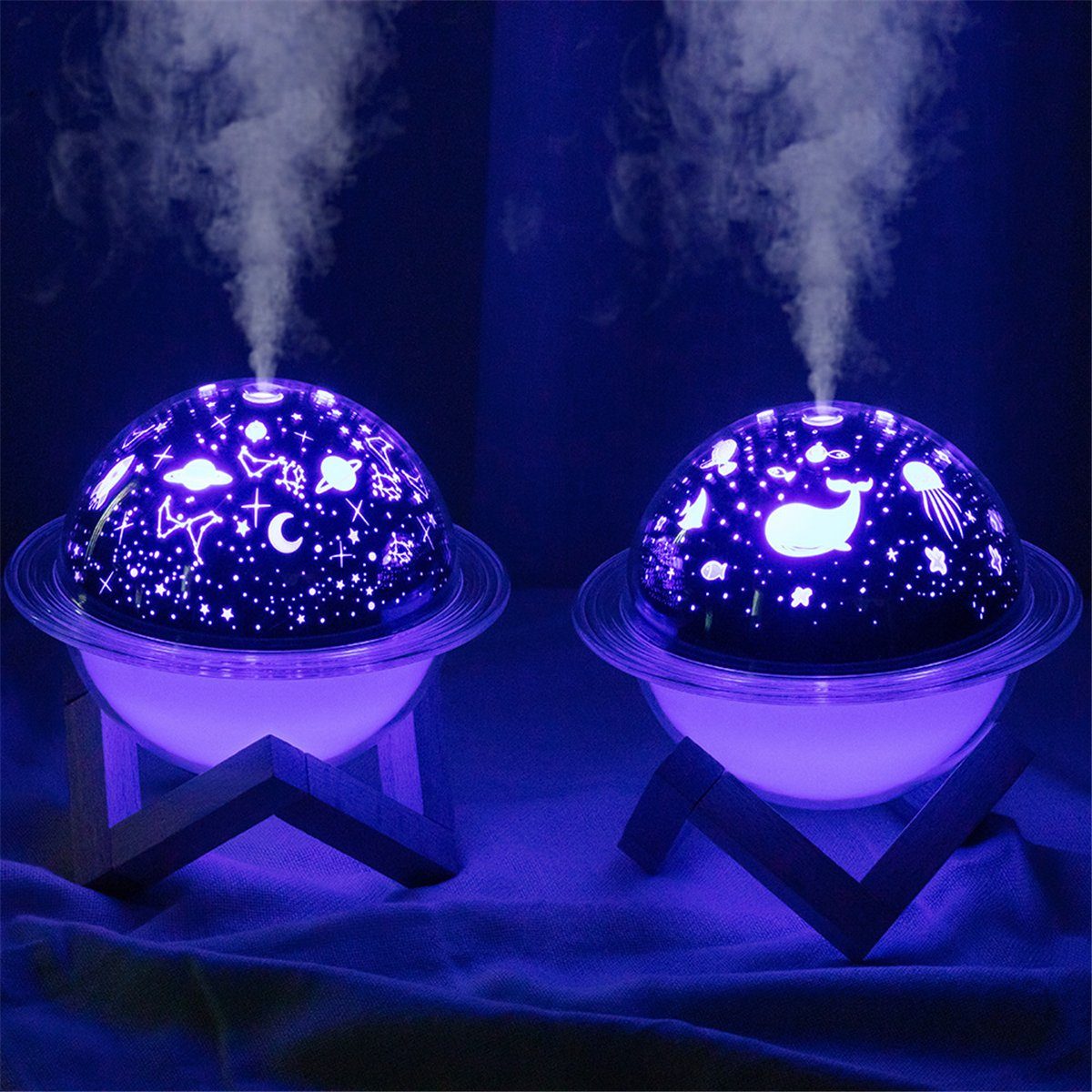 K&B Kombigerät Luftbefeuchter und Projektor-Nachtlicht Gold-Ozean-Modell Mondbefeuchter und Holzständer mit -reiniger