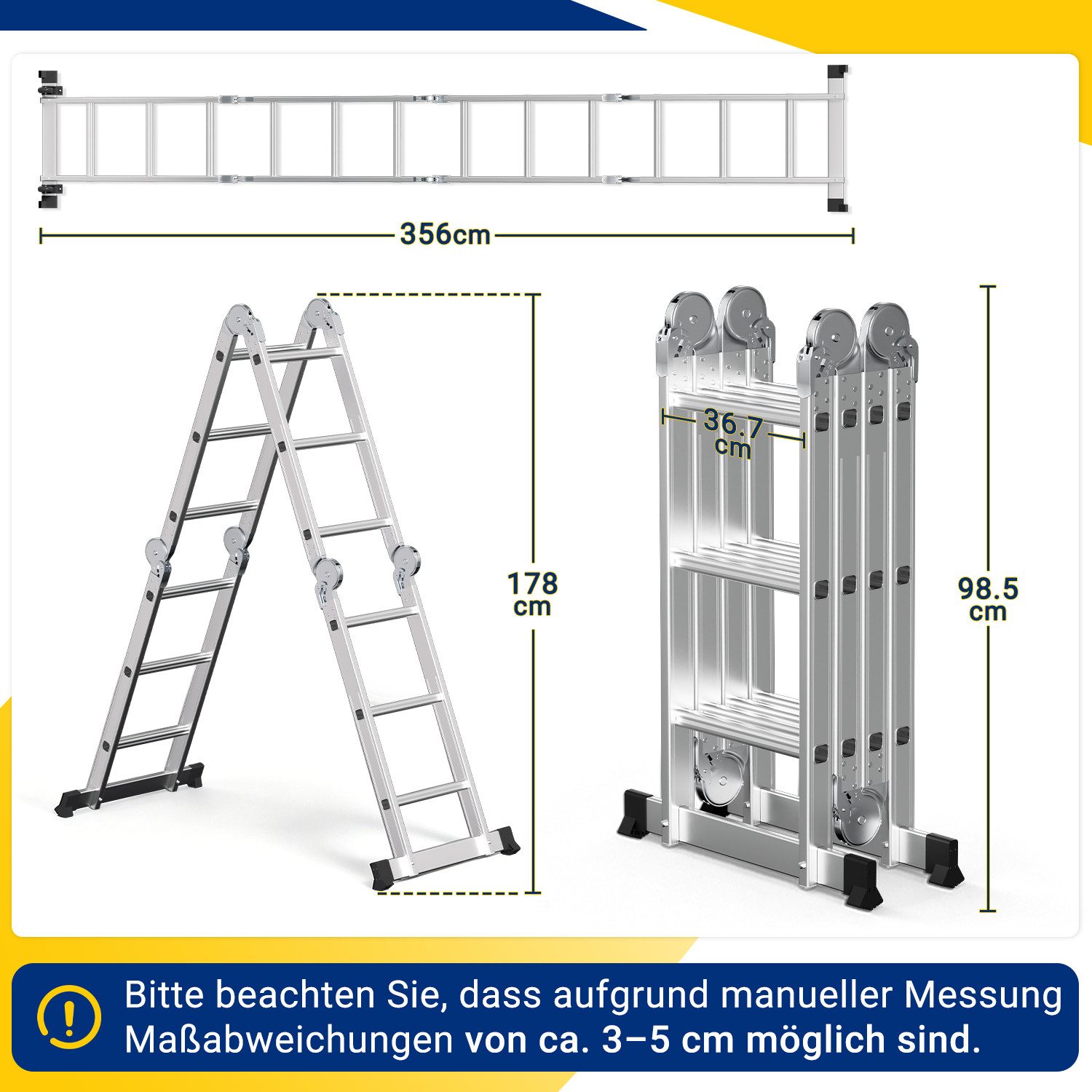 Clanmacy Vielzweckleiter 7 in 1 Multifunktionsleiter Gerüst 356cm Mehrzweckleiter Klappleiter (Multifunktionsleiter, Vielzweckleiter, Gelenkleiter, Universallei – Bild 2 von 5