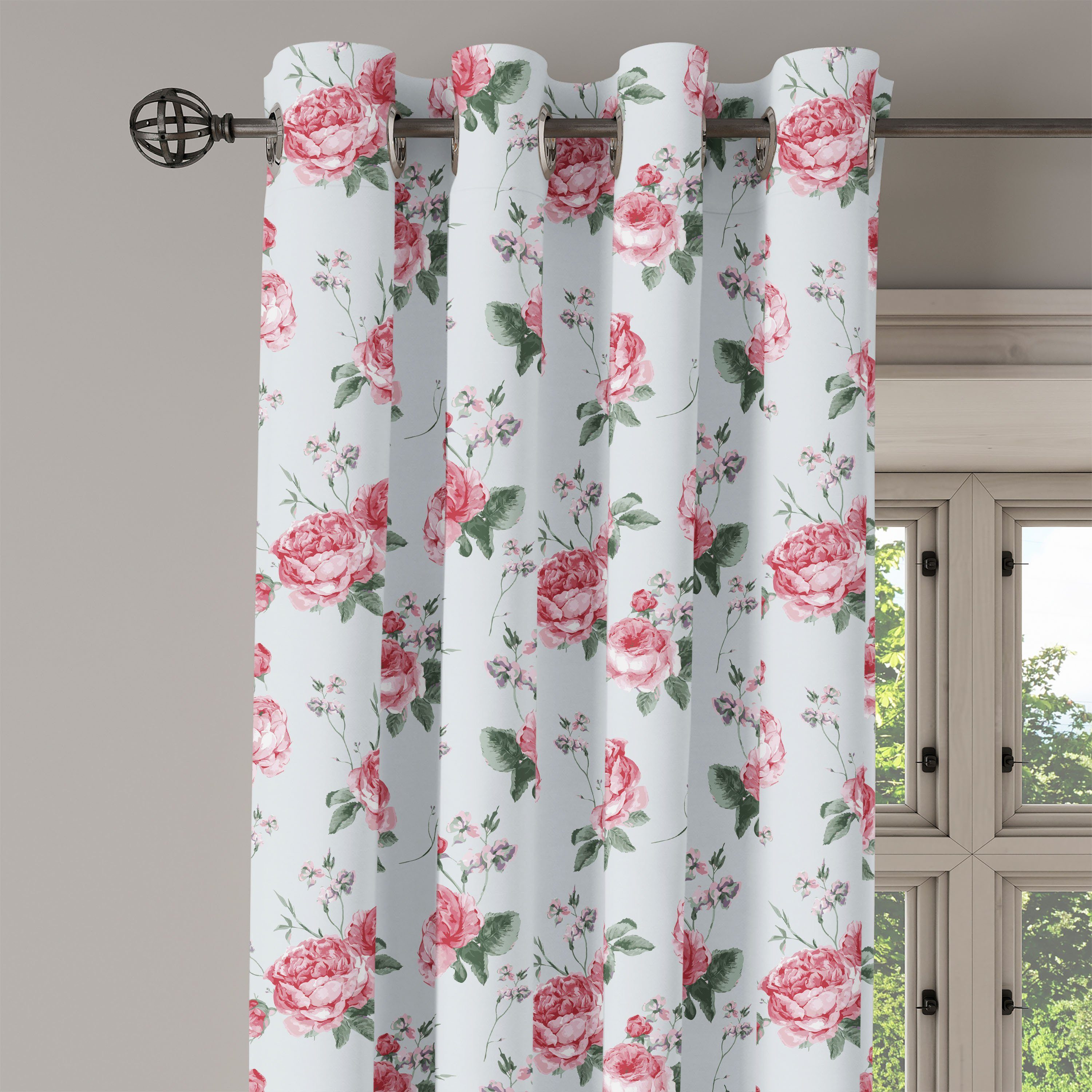 Rosa Blüten-Englisch 2-Panel-Fenstervorhänge Flora Abakuhaus, Rose Dekorative Gardine Wohnzimmer, für Schlafzimmer