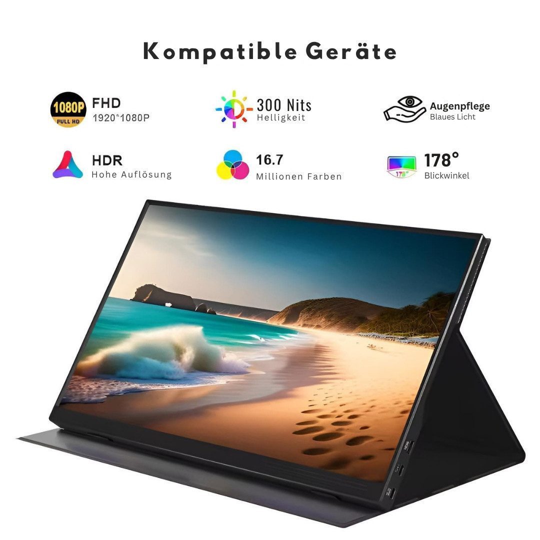 Goldstern-Tech PulseStorm Gaming-Monitor (39,6 cm/15,6 ", 1920 x 1080 px, Full HD, 60 Hz, IPS-LED, USB-C & HDMI, Dual Speaker, Smart-Cover)