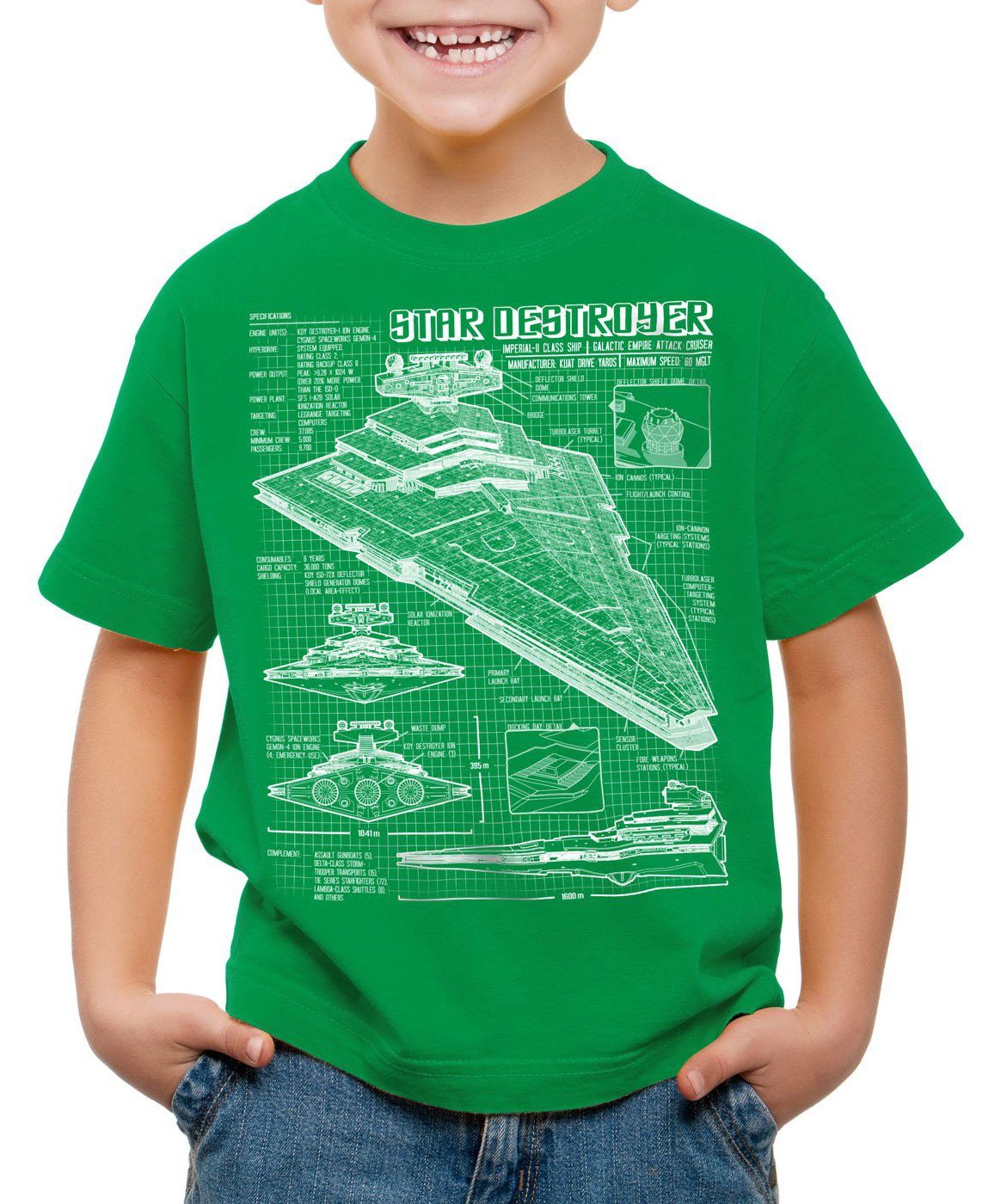 T-Shirt grün Print-Shirt raumschiff Sternenzerstörer Kinder blaupause style3