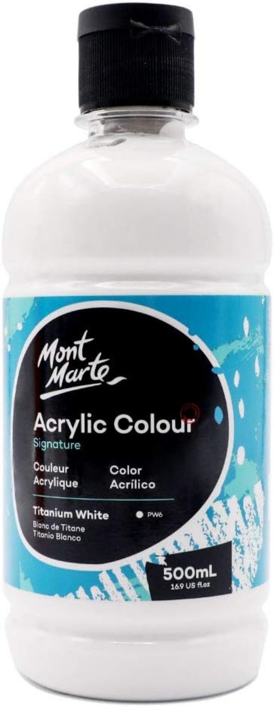 Mont Marte Acrylfarbe SIGNATURE-Grundfarben in der Drop-Bottle, weiß oder schwarz, je 500 ml, Praktische 500 ml Flasche, mit Klappverschluss
