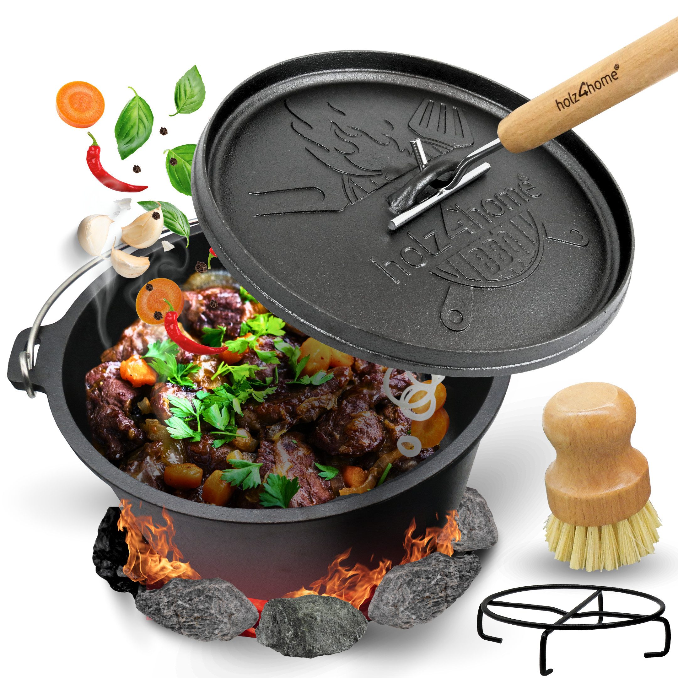holz4home® Grilltopf Dutch Oven Set aus Gusseisen I Dopf Feuertopf Schmortopf Bräter, Gusseisen (5-tlg), inkl. Deckelheber