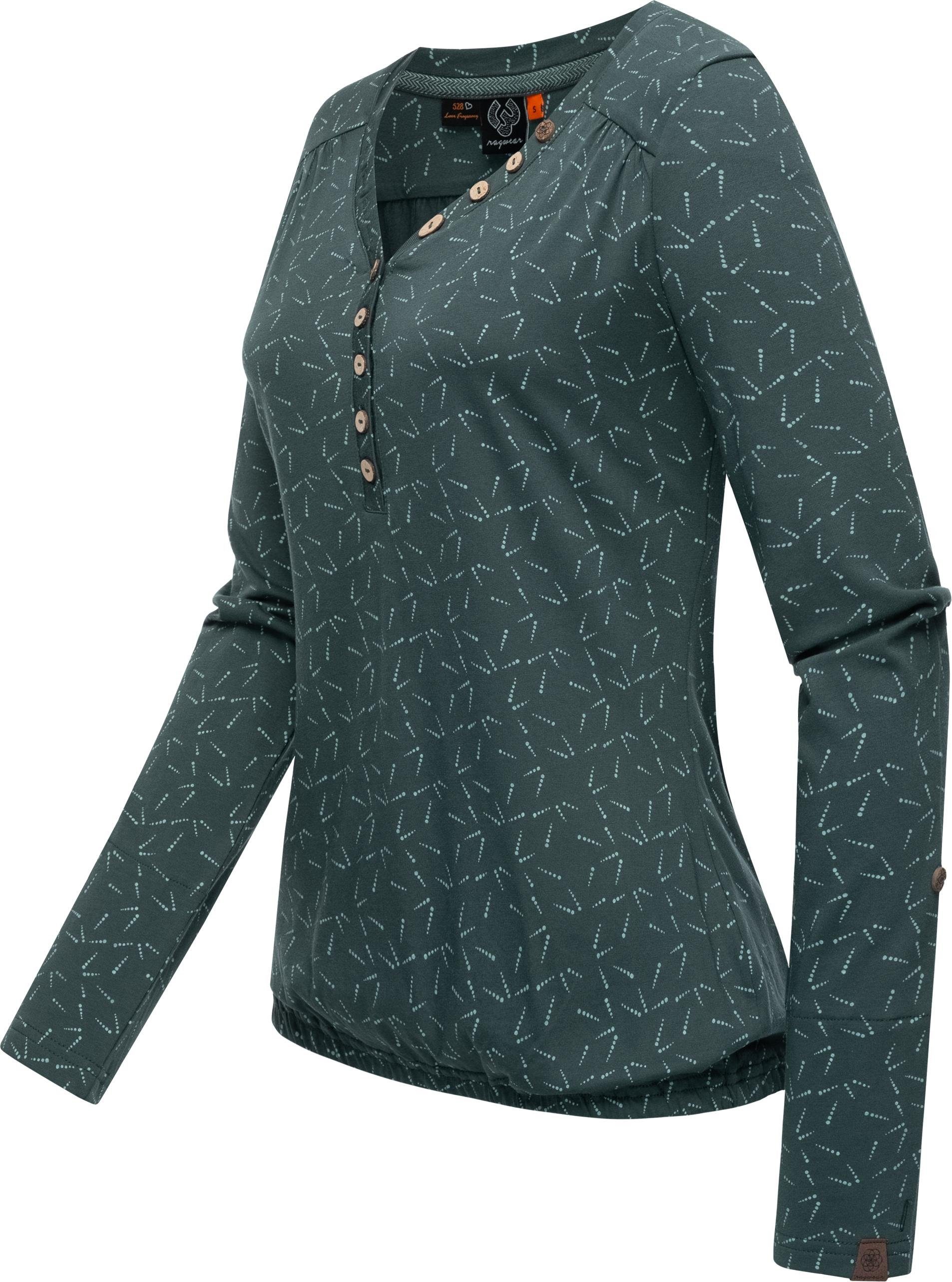 Damen mit Stylisches Langarmshirt Knöpfen Longsleeve Dots Pinchi dunkelgrün Ragwear