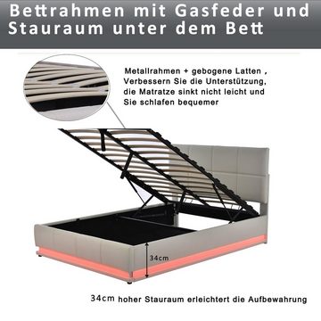 HAUSS SPLOE Polsterbett Polsterbett Hydraulisch Doppelbett Jugendbett Gästebett Bettgestell (mit LED Beleuchtung Verstellbares Kopfteil), Modernes Bettgestell mit Stauraum Aufbewahrung Funktion