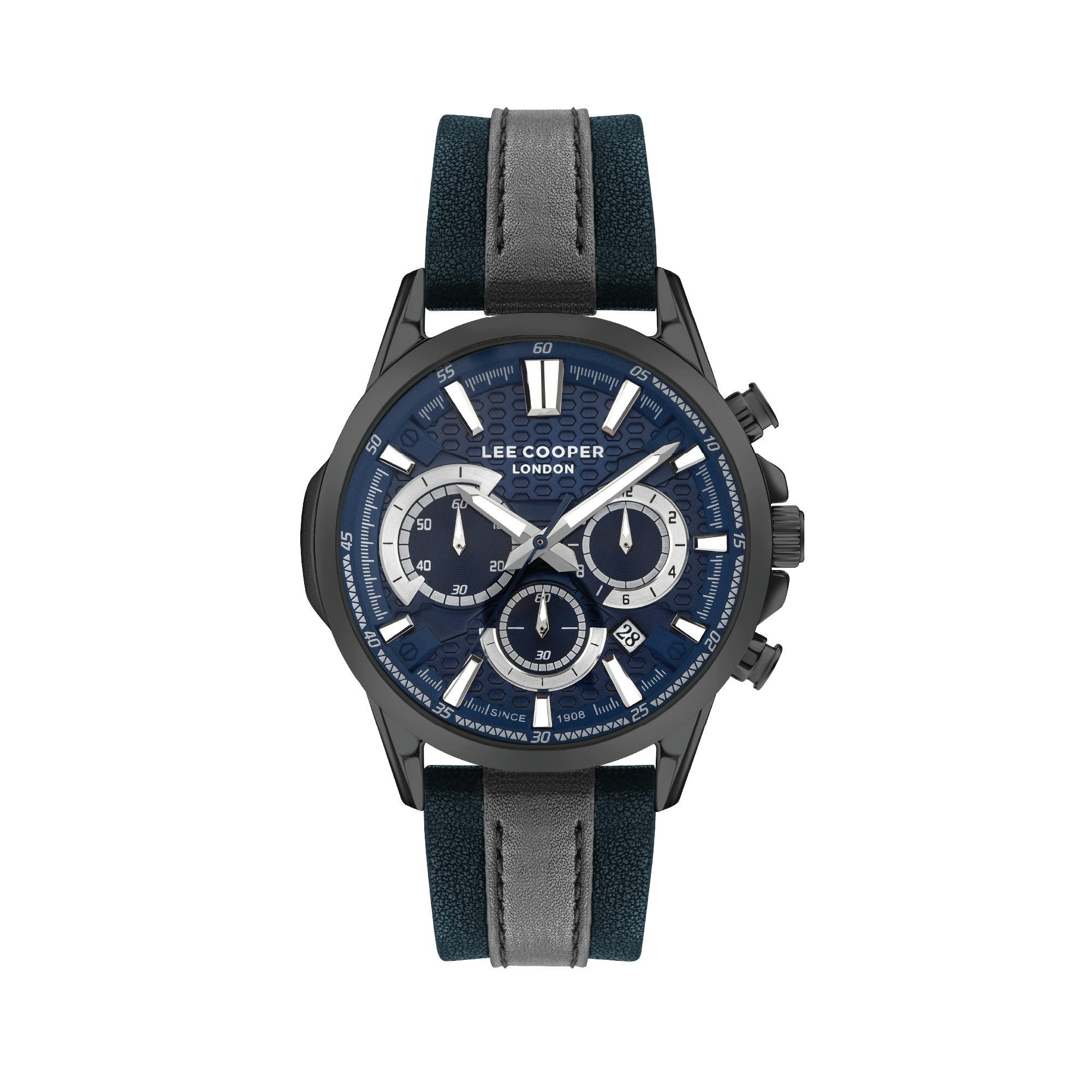 Lee Cooper Multifunktionsuhr Herrenuhr mit Lederarmband, 44 mm, Herren Armbanduhr blaues Zifferblatt, anthrazit – LC07493.099, Datum, Mineralglas, 5 ATM, inkl. Geschenkbox