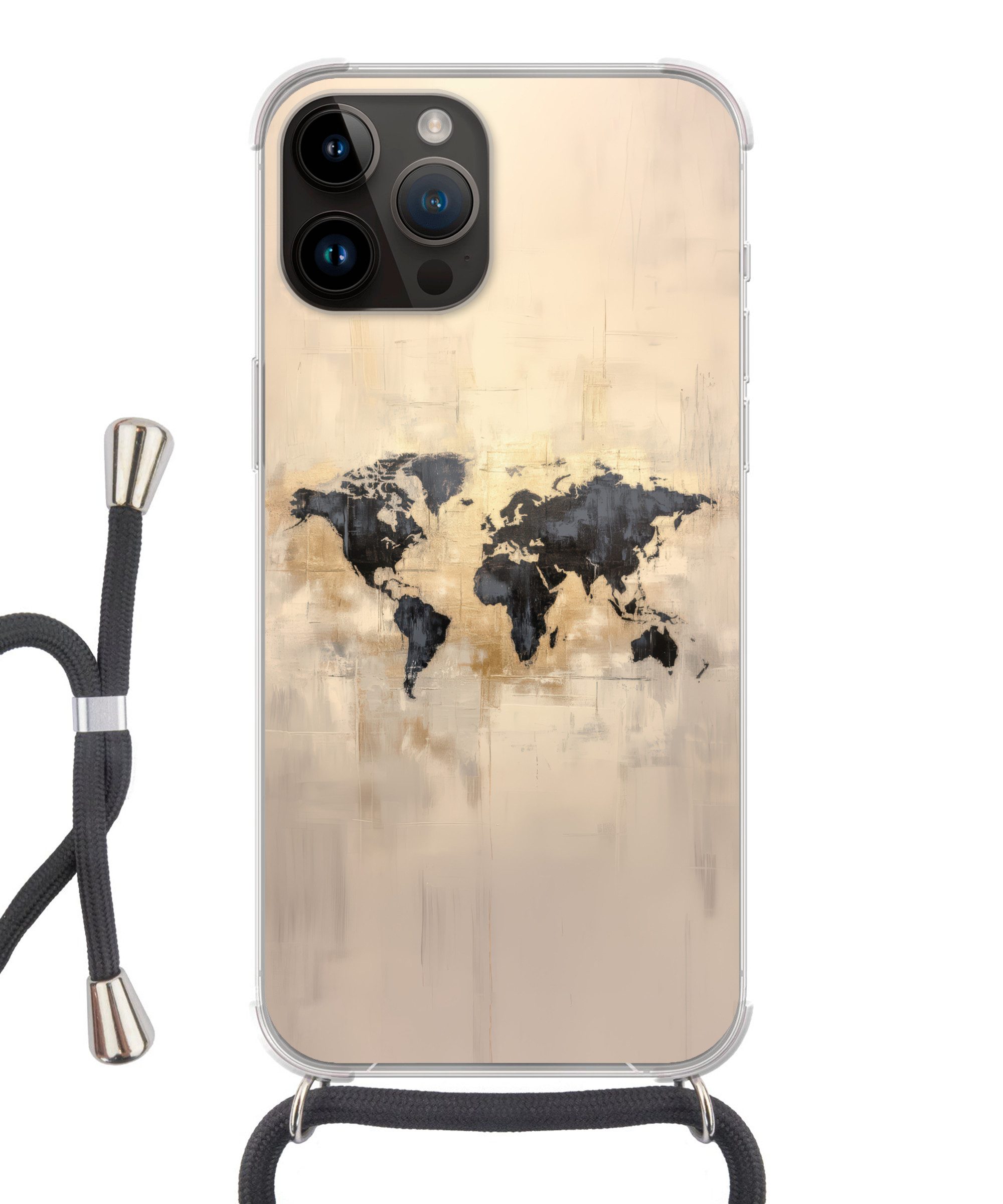 MuchoWow Handyhülle für Apple iPhone 14 Pro Max Weltkarte - Gold - Schwarz - Abstrakt, Tragbare Handyhüllen mit Kette zum umhängen, Handykette Handyband