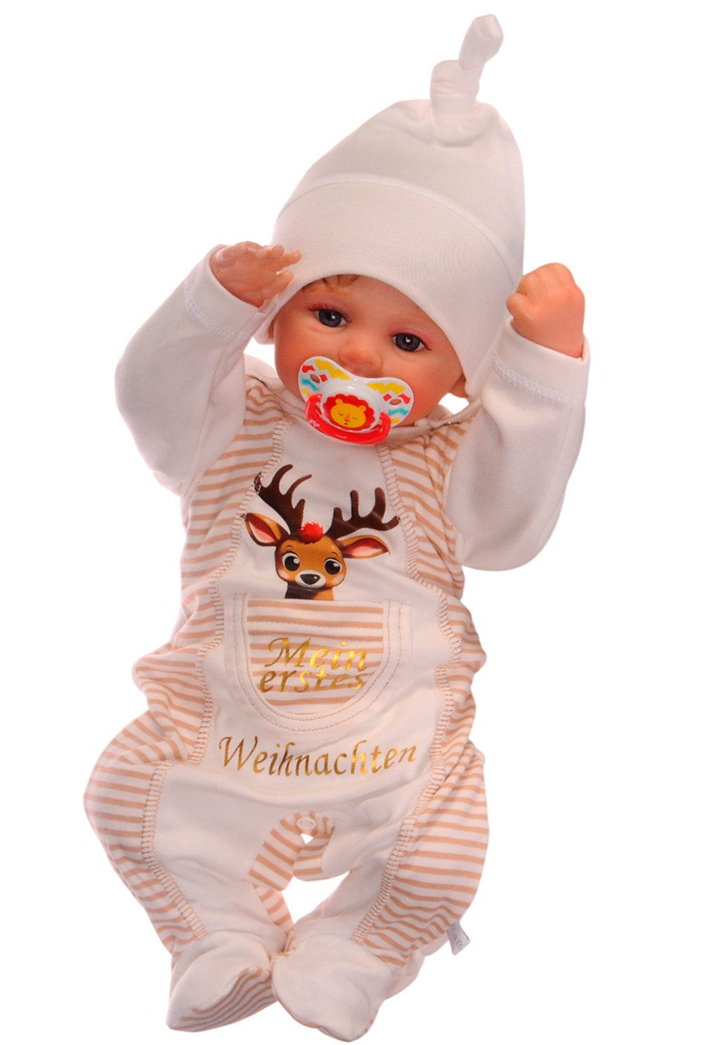 La Bortini Strampler Baby Anzug für Weihnachten Strampler Mütze Shirt in Creme mit Rentier (für Neugeborene, Erstlingsset weihnachtlich, 3-teilig) aus Baumwolle, neutral, unisex, 44 50 56 62 68 74